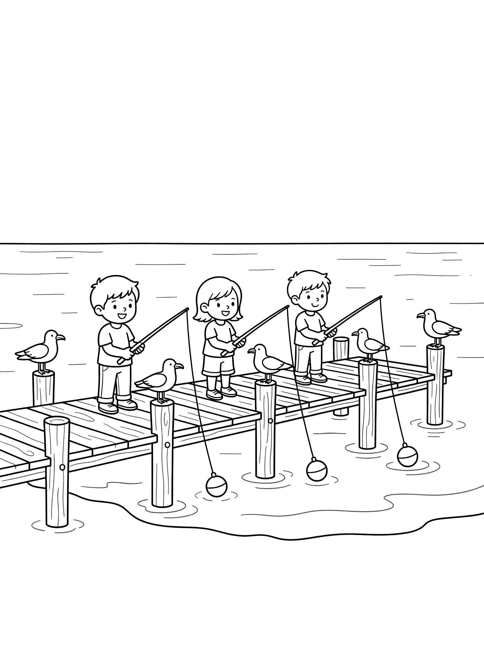 Black and white line art coloring page showing three cartoon kids standing on a wooden pier fishing in a lake with lines, bobbers, seagulls on posts, and gentle waves. Fishing Lakes themed black and white printable line art