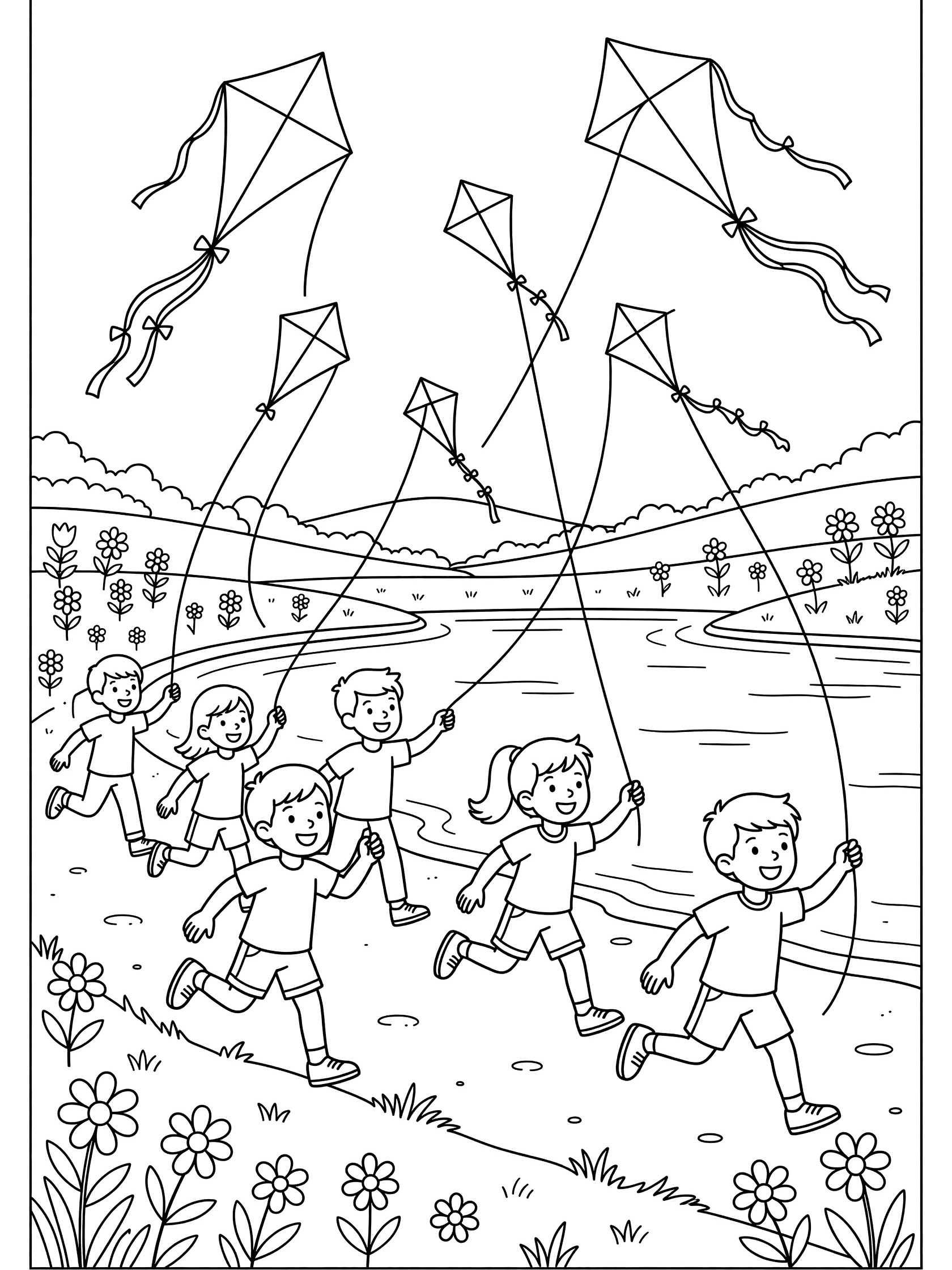 Black and white line art coloring page showing kids running along a lake shore flying several kites in the sky, with lake waves, grassy hills, and wildflowers. Lake Activities themed black and white printable line art