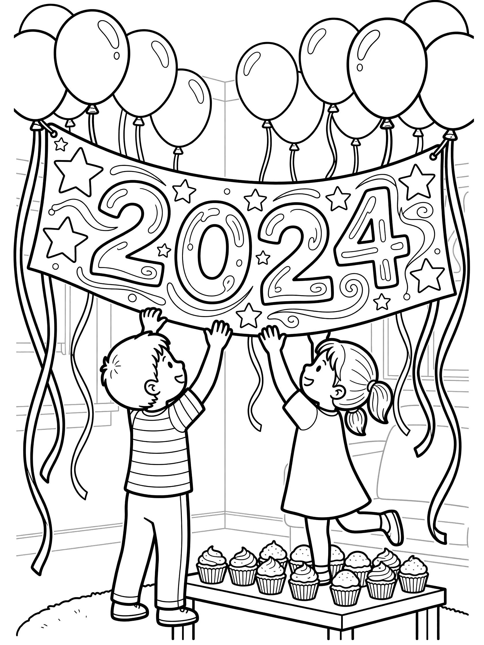 Two children hanging a large 2024 banner with stars and swirls, surrounded by balloons, ribbons, streamers, and a table of cupcakes in a family room coloring page