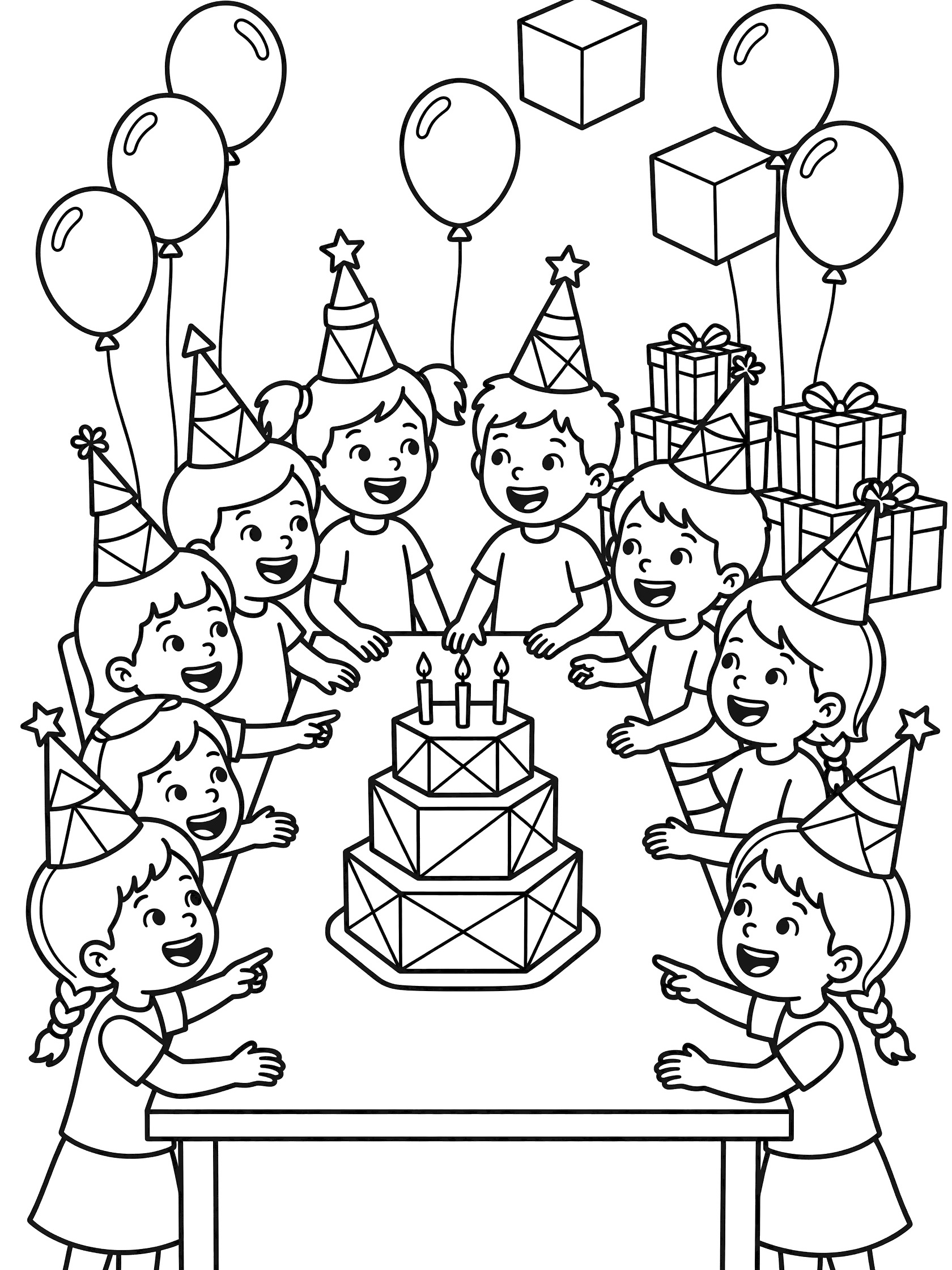 Coloring page showing elementary kids at a party table, each with geometric party hats, leaning toward a polygonal birthday cake, balloons floating above and stacked presents nearby.