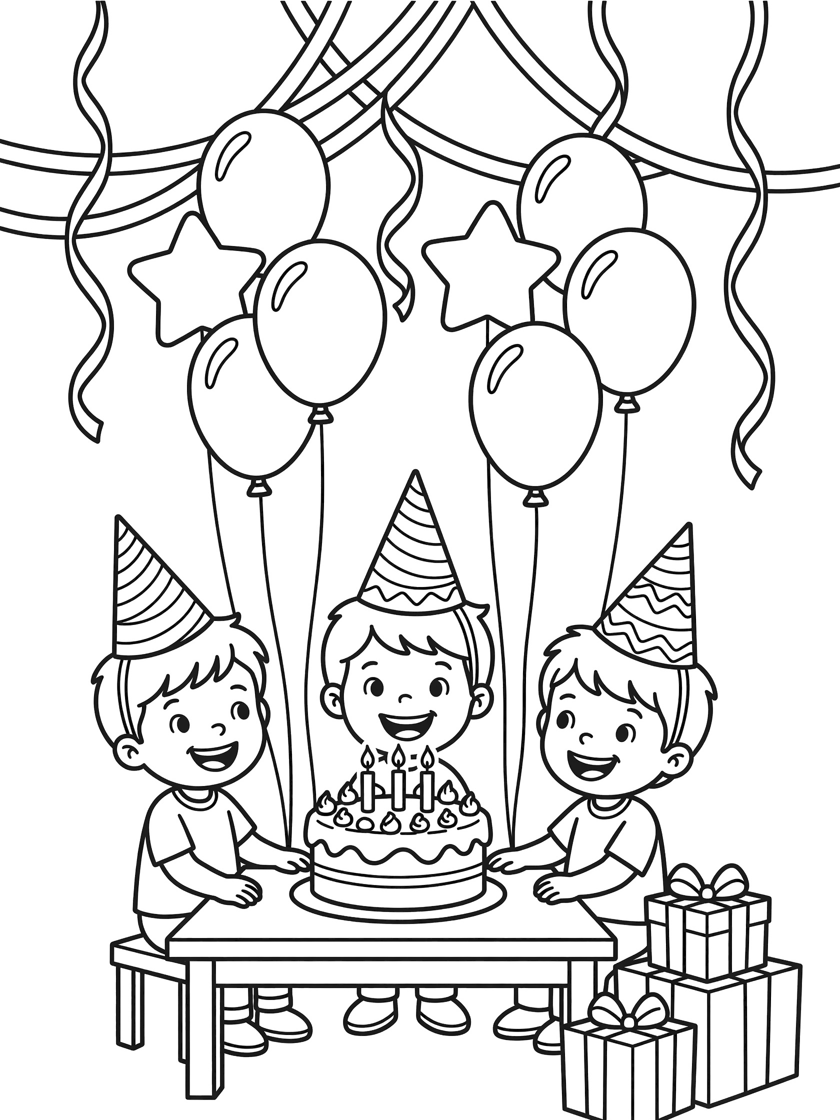Line art coloring page showing three cheerful preschool children wearing tall party hats, gathered at a table with a 2nd birthday cake topped by two candles, floating balloons, stacked presents, and hanging streamers.