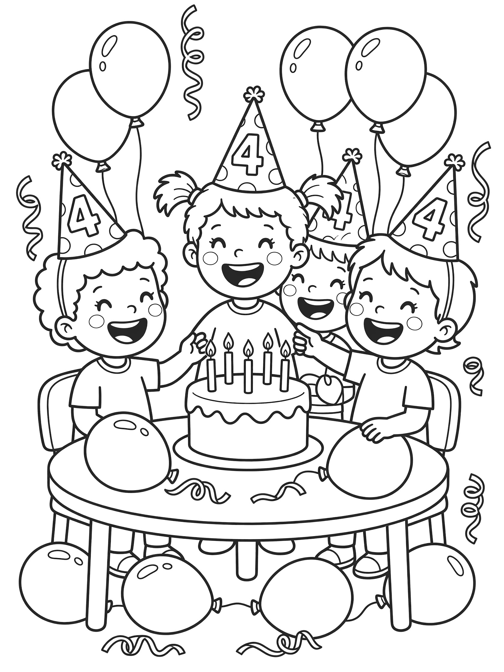 Whimsical doodle coloring page showing four preschool children wearing tall party hats with number 4 and polka dots, sitting at a table with a birthday cake, four candles, balloons and streamers.