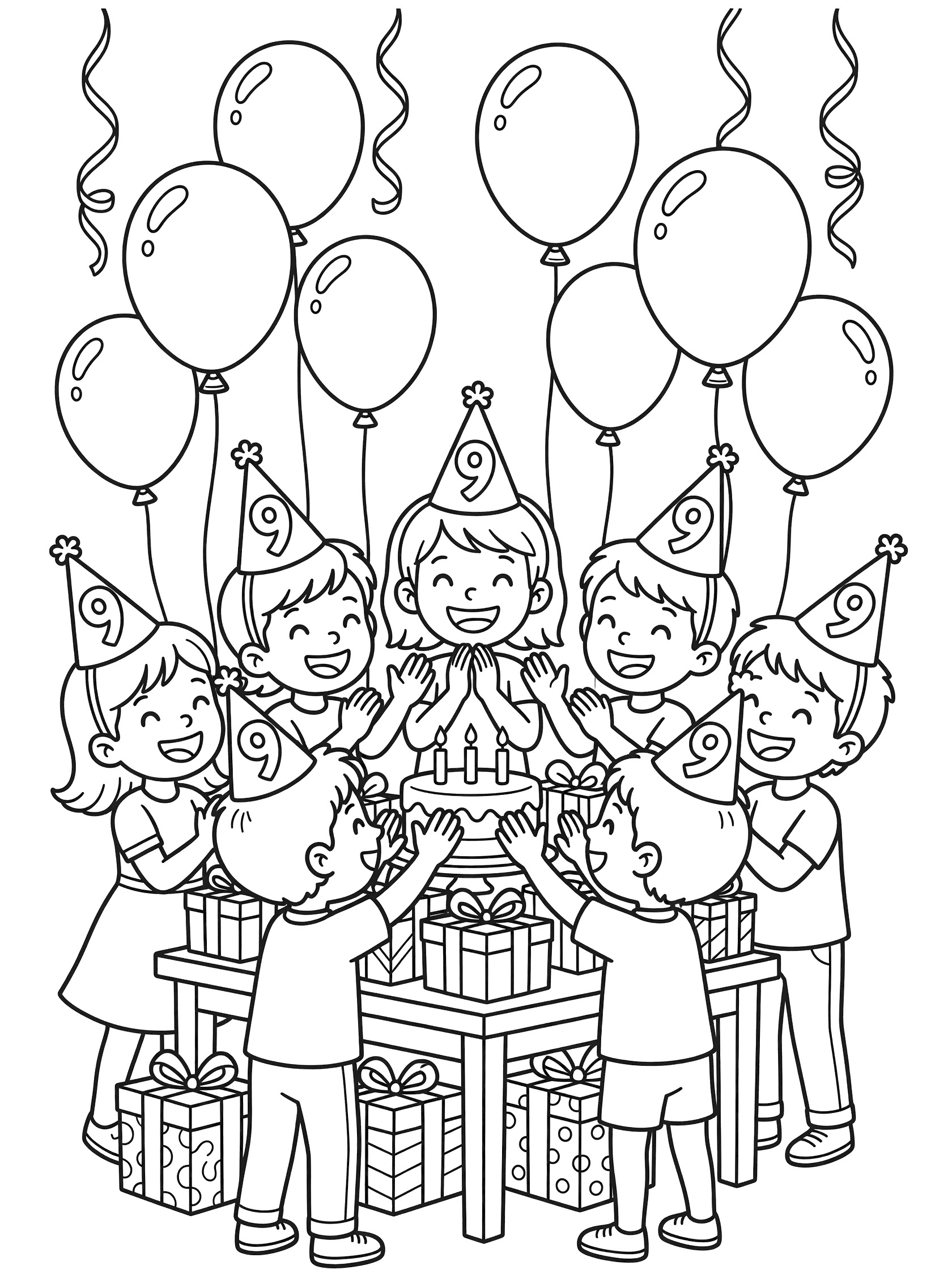 Group of joyful elementary kids in tall conical party hats with numeral 9s, standing in a circle around a birthday cake on a table with wrapped presents and balloons, clapping and laughing.