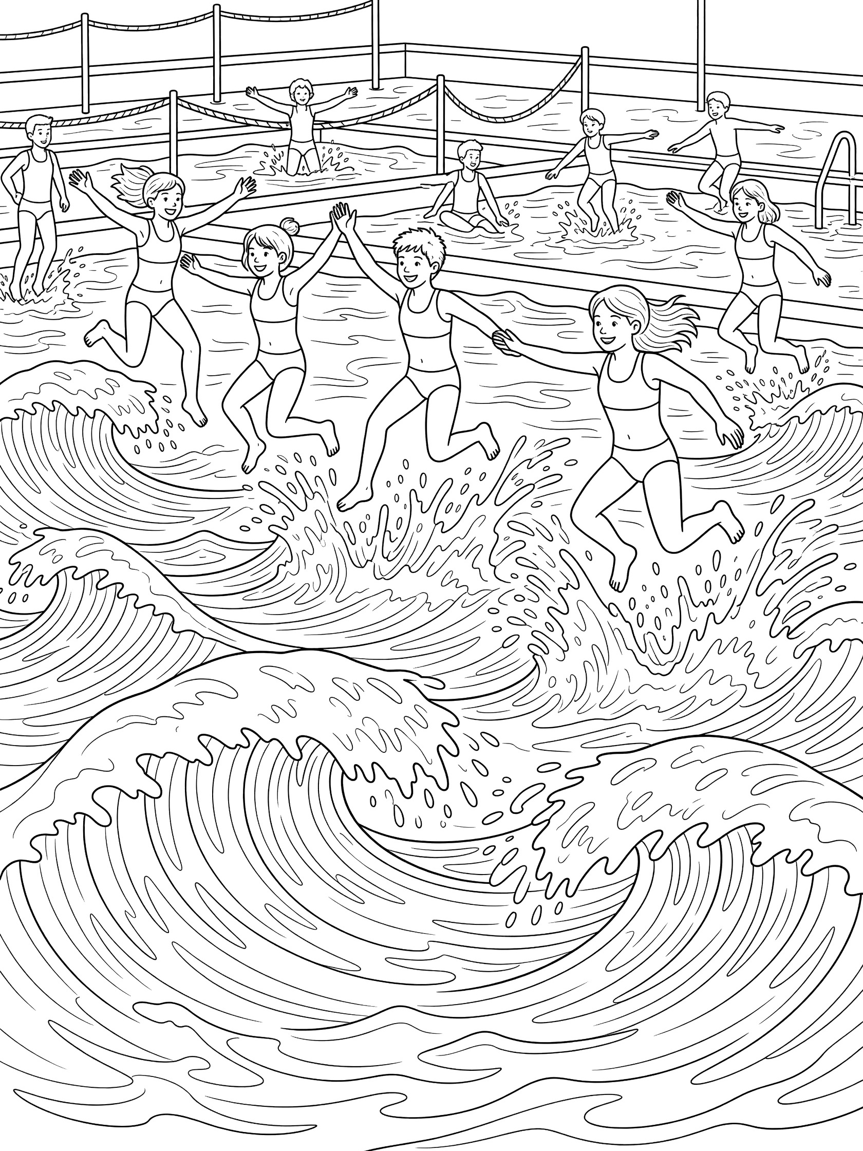 Coloring page showing kids in swimsuits jumping and splashing over rolling waves in a large wave pool at a water park, with pool fences and ropes around the edges.