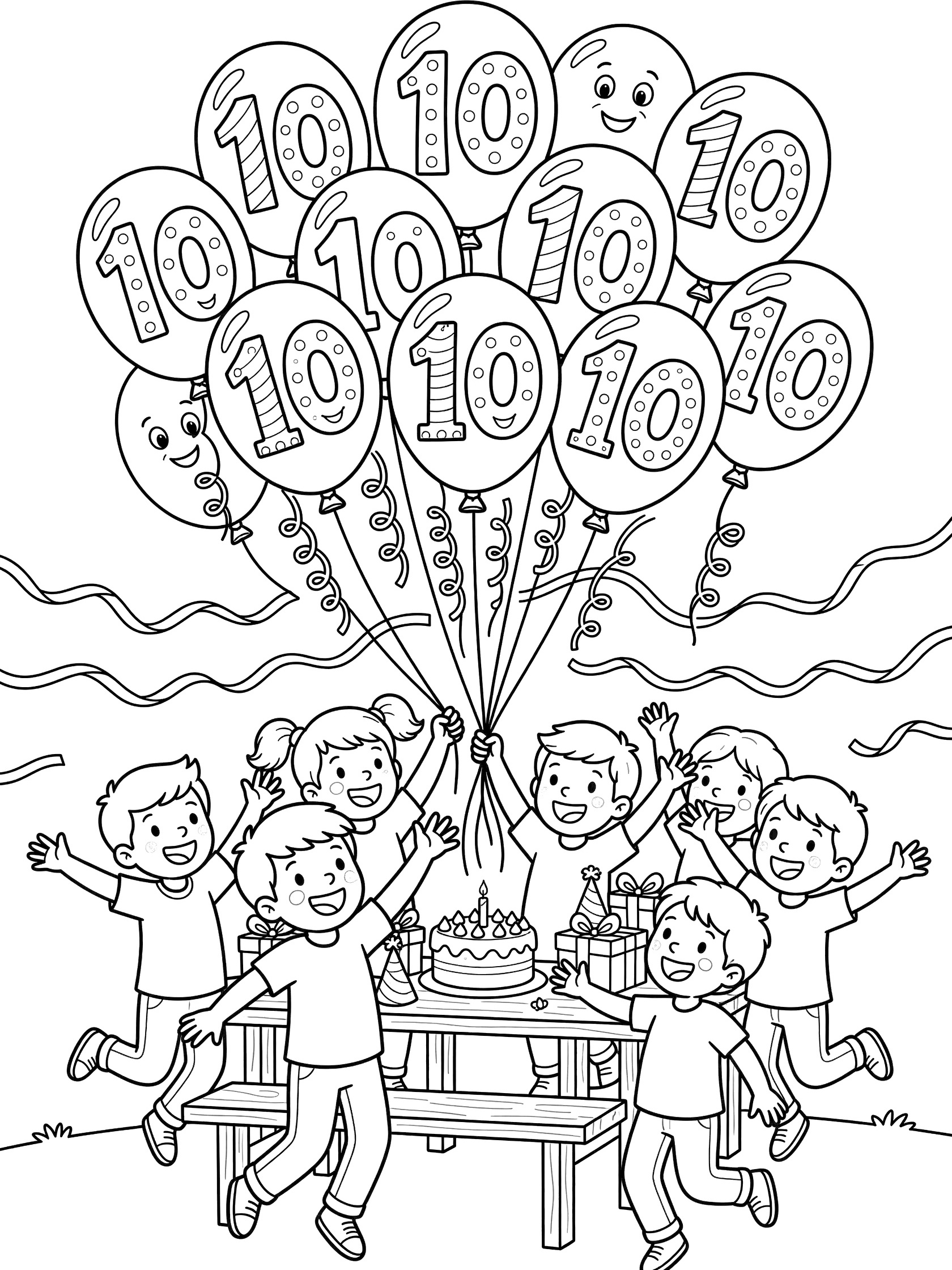 Black and white line art of elementary kids at an outdoor 10th birthday party, jumping with strings of large balloons decorated with playful 10s, curly ribbons, cake, gifts, and party hats.