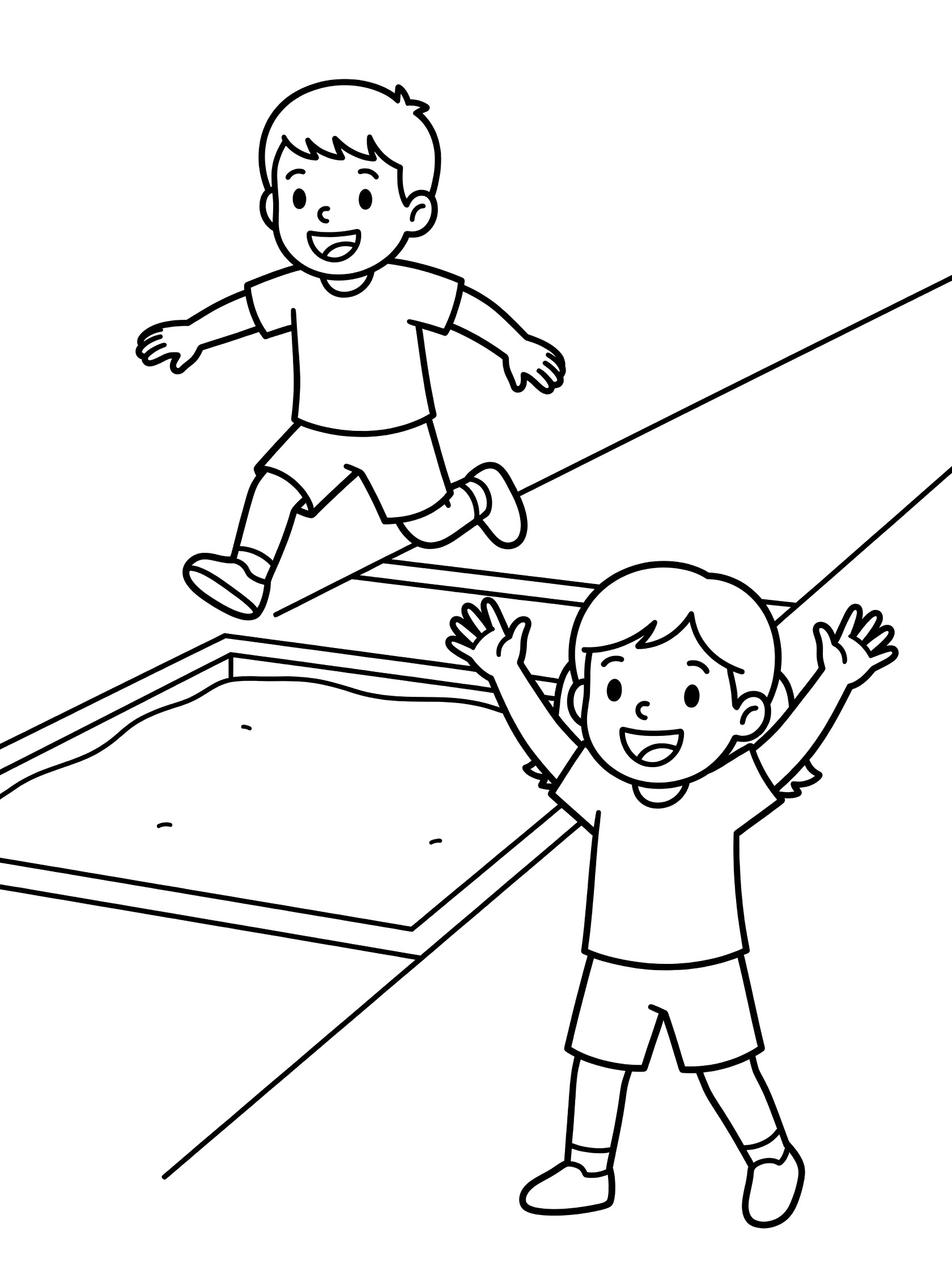 Black and white coloring page of two kids in long jump. One boy jumps mid-air over sand pit, the other cheers excitedly from the side.