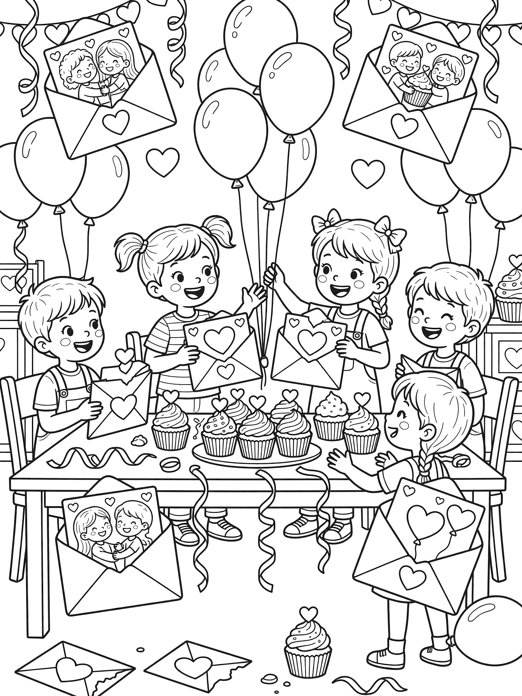 Group of happy kids eagerly opening pop-up Valentine's cards with hearts at a festive table with balloons, cupcakes and decorations coloring page