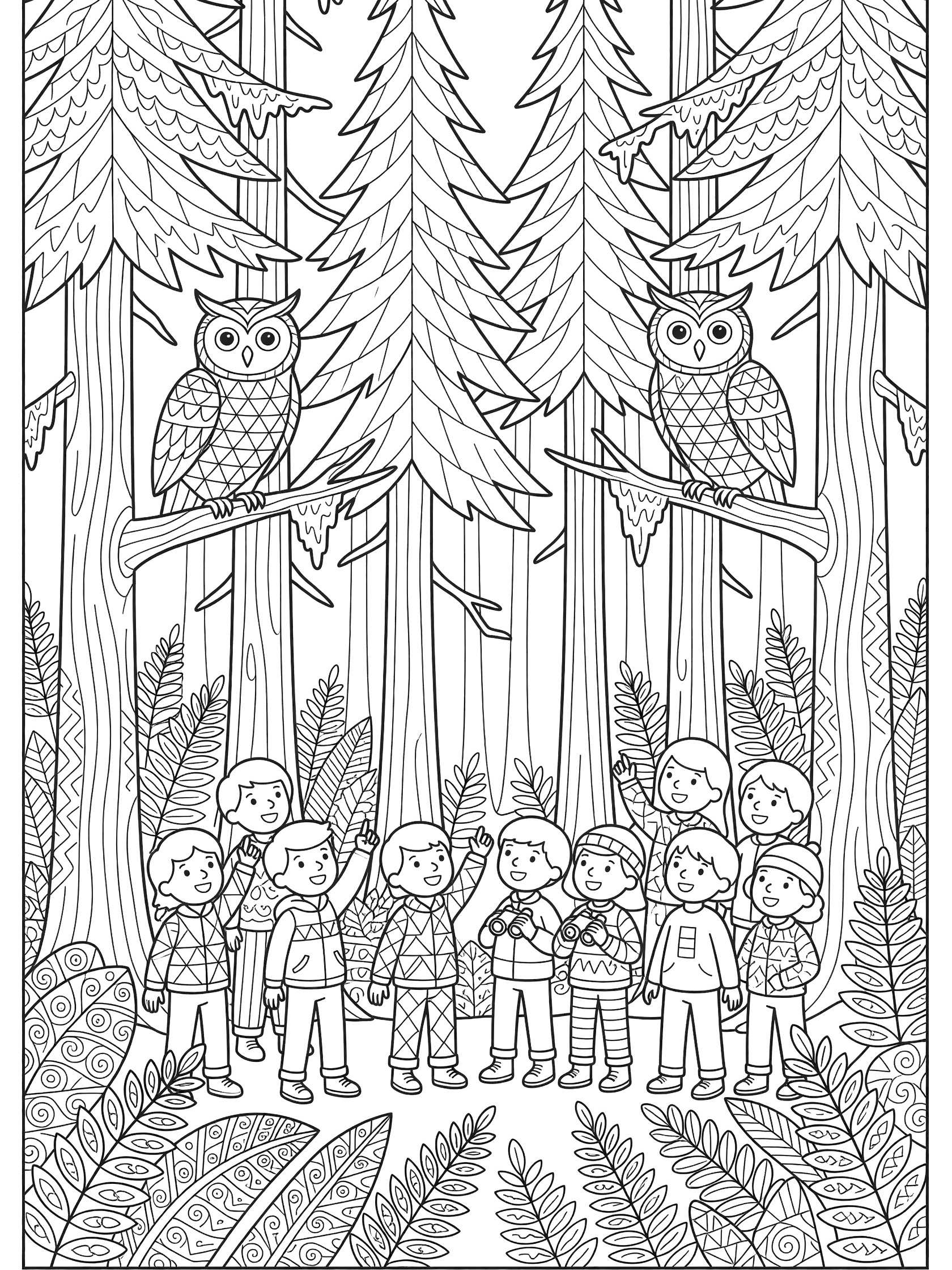 Line art coloring page showing elementary kids excitedly pointing binoculars at owls perched on mossy branches in a Pacific North West forest with tall fir trees and geometric ferns.
