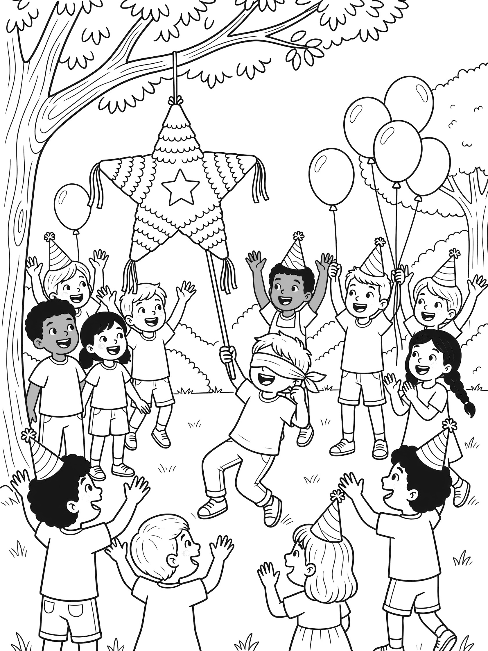 Line art coloring page showing elementary kids gathered around a large star piñata at an outdoor party, one blindfolded child swings a stick while friends clap with party hats and balloons.