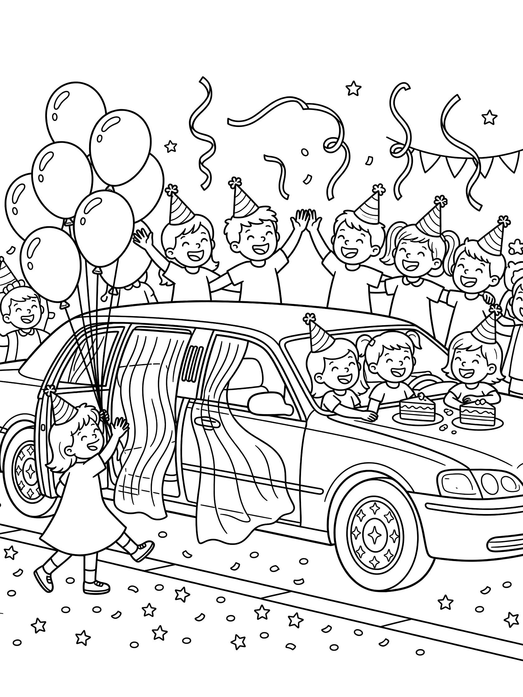 Whimsical doodle style coloring page of elegant limousine parked curbside at party with joyful kids in hats holding balloons and cake slices on the hood.