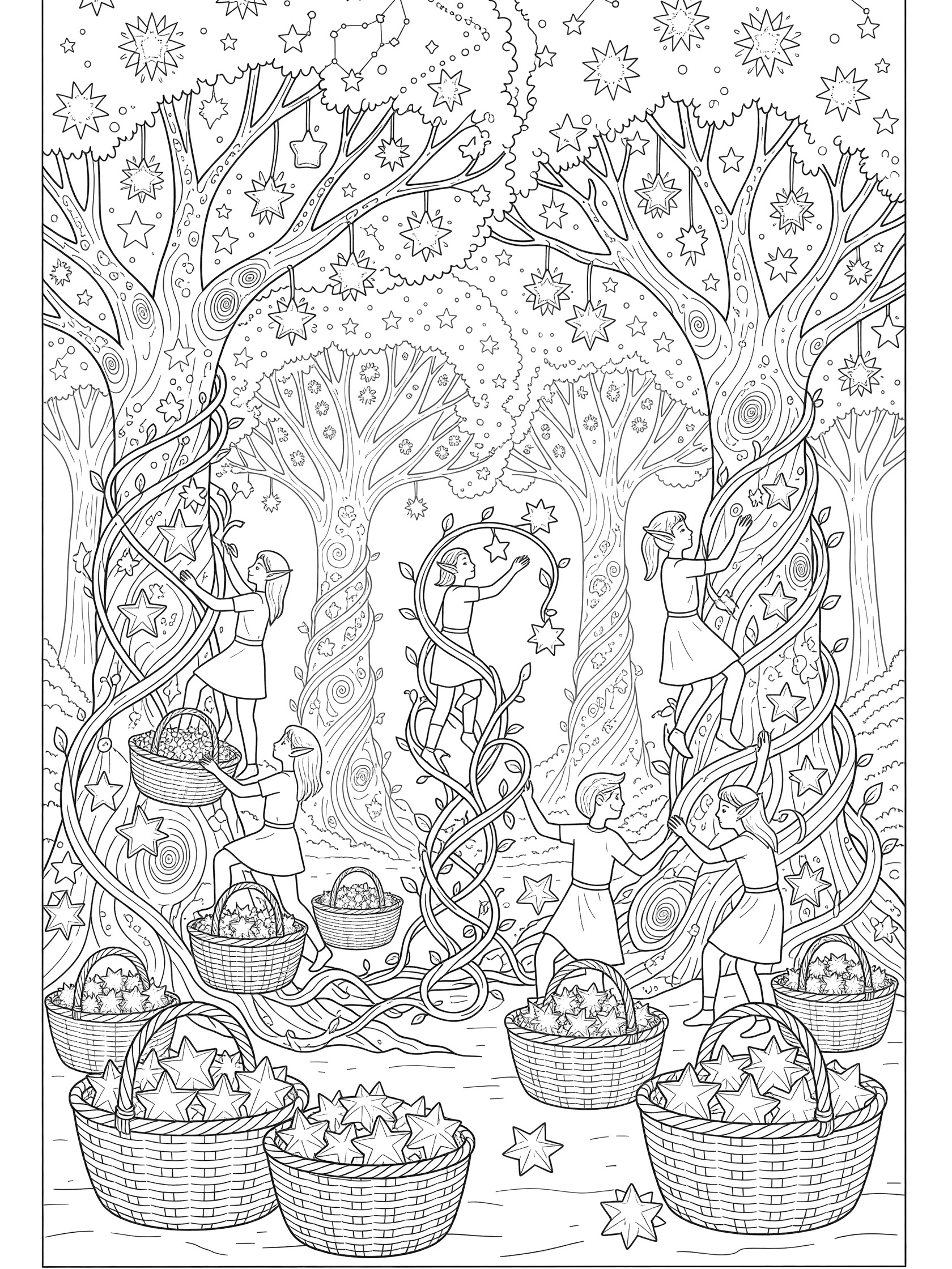 Black and white line art coloring page showing children climbing vines on trees to pick glowing star fruits, with baskets overflowing on the ground. Astral Elves themed black and white printable line art