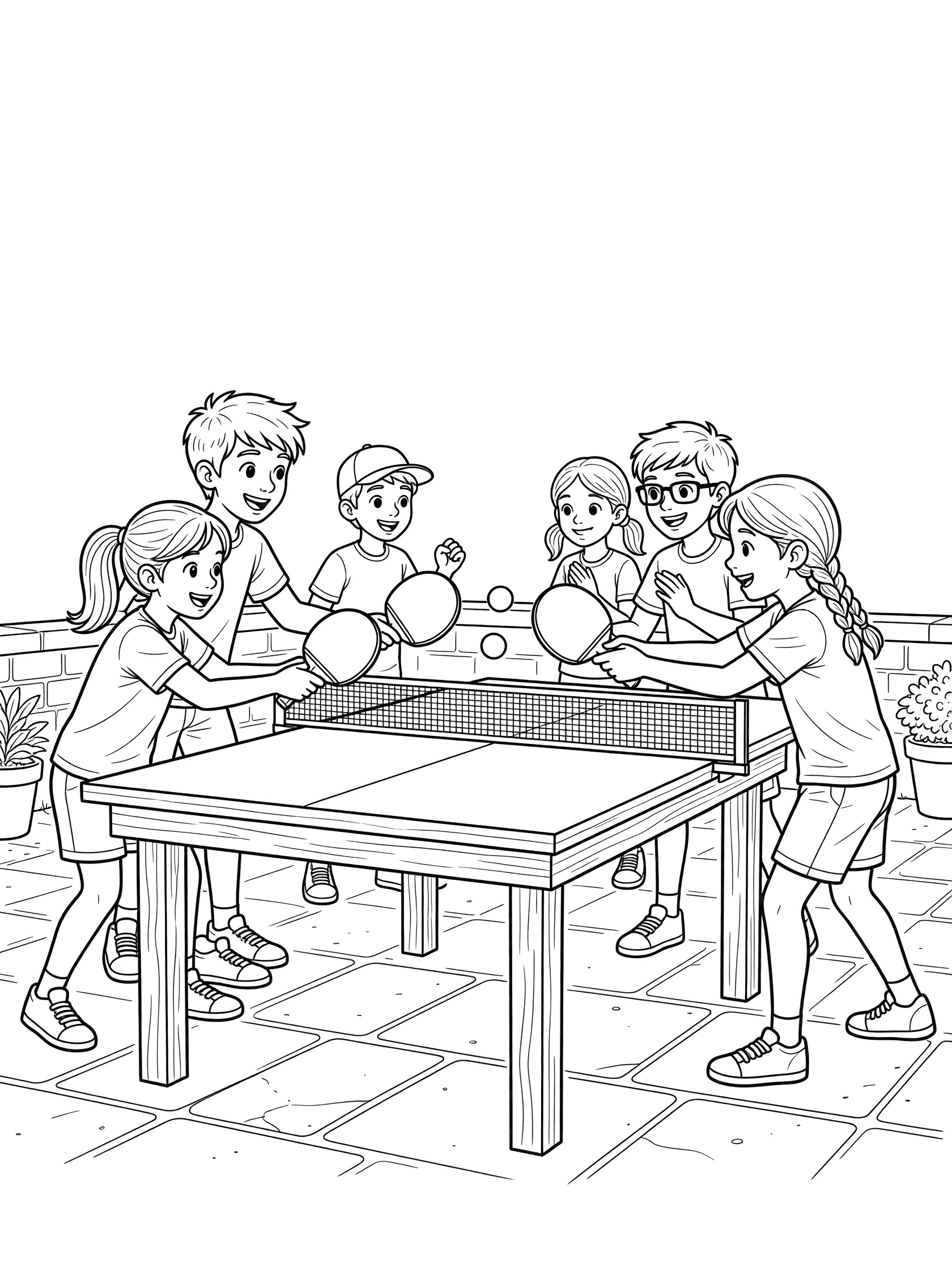 Black-and-white coloring page of four children playing doubles ping pong game on a patio table, hitting the ball back and forth over the net with paddles.