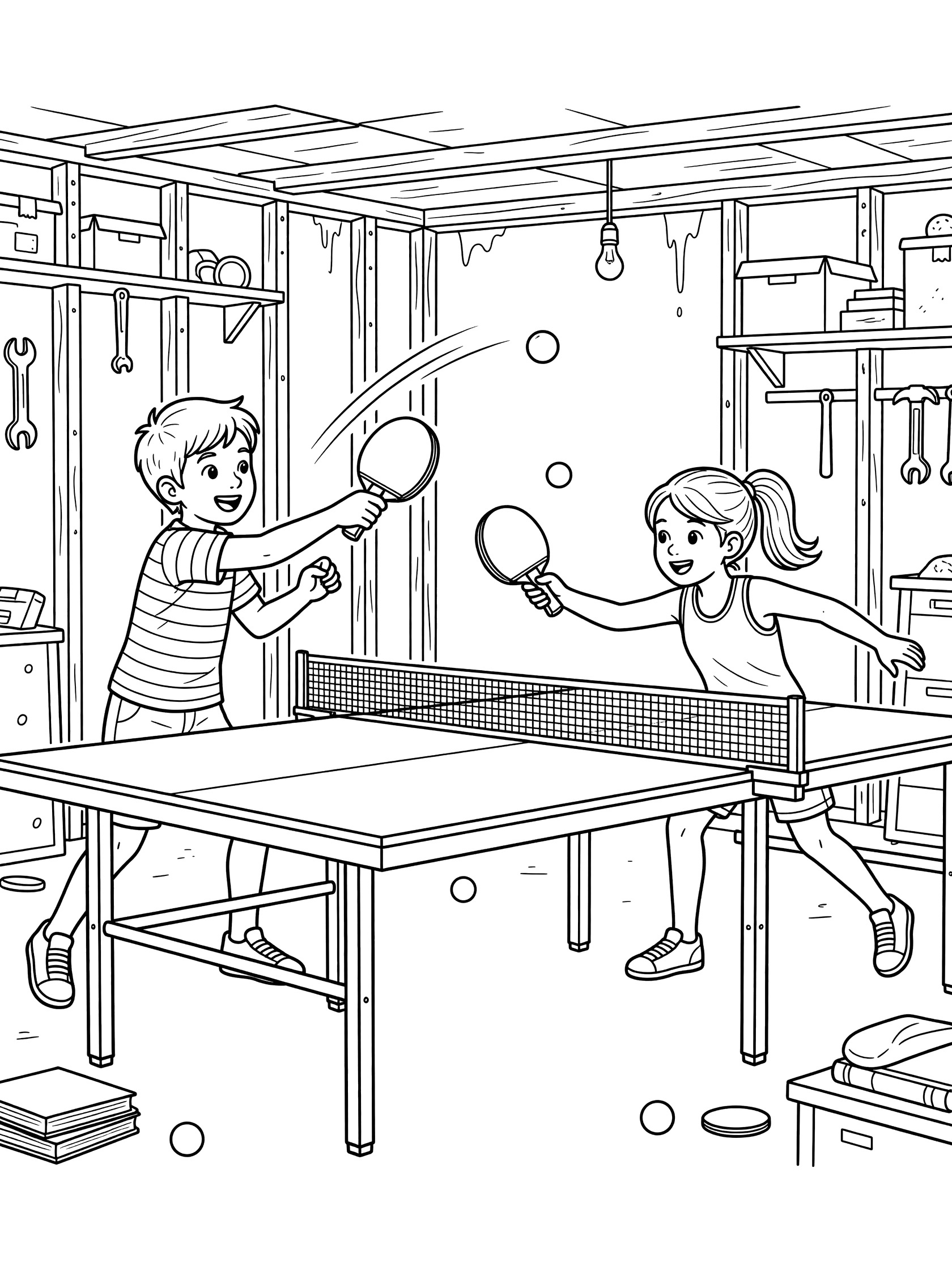 Two children playing ping pong game with paddles, ball flying high over the net on a basement table coloring page