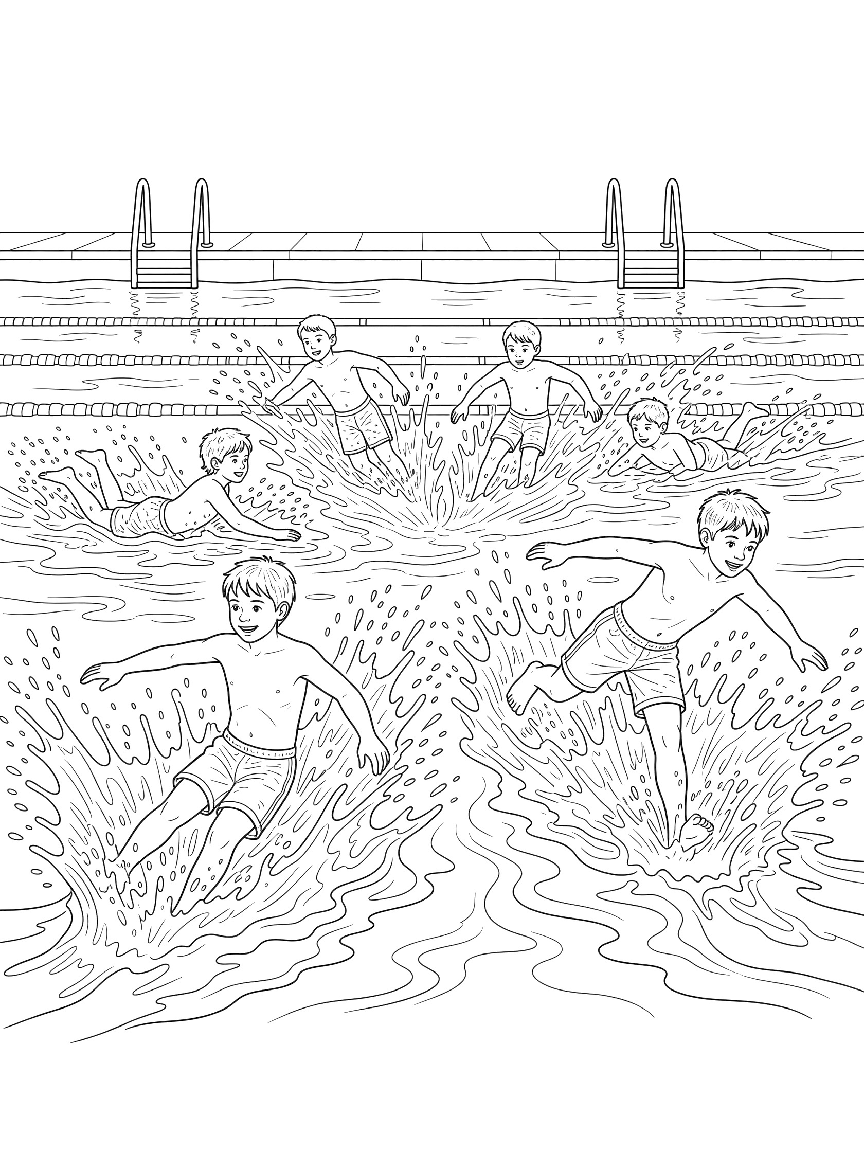 Line art coloring page showing several boys in swim trunks dodging and splashing in an outdoor pool during Marco Polo game, with ladders and lane dividers.