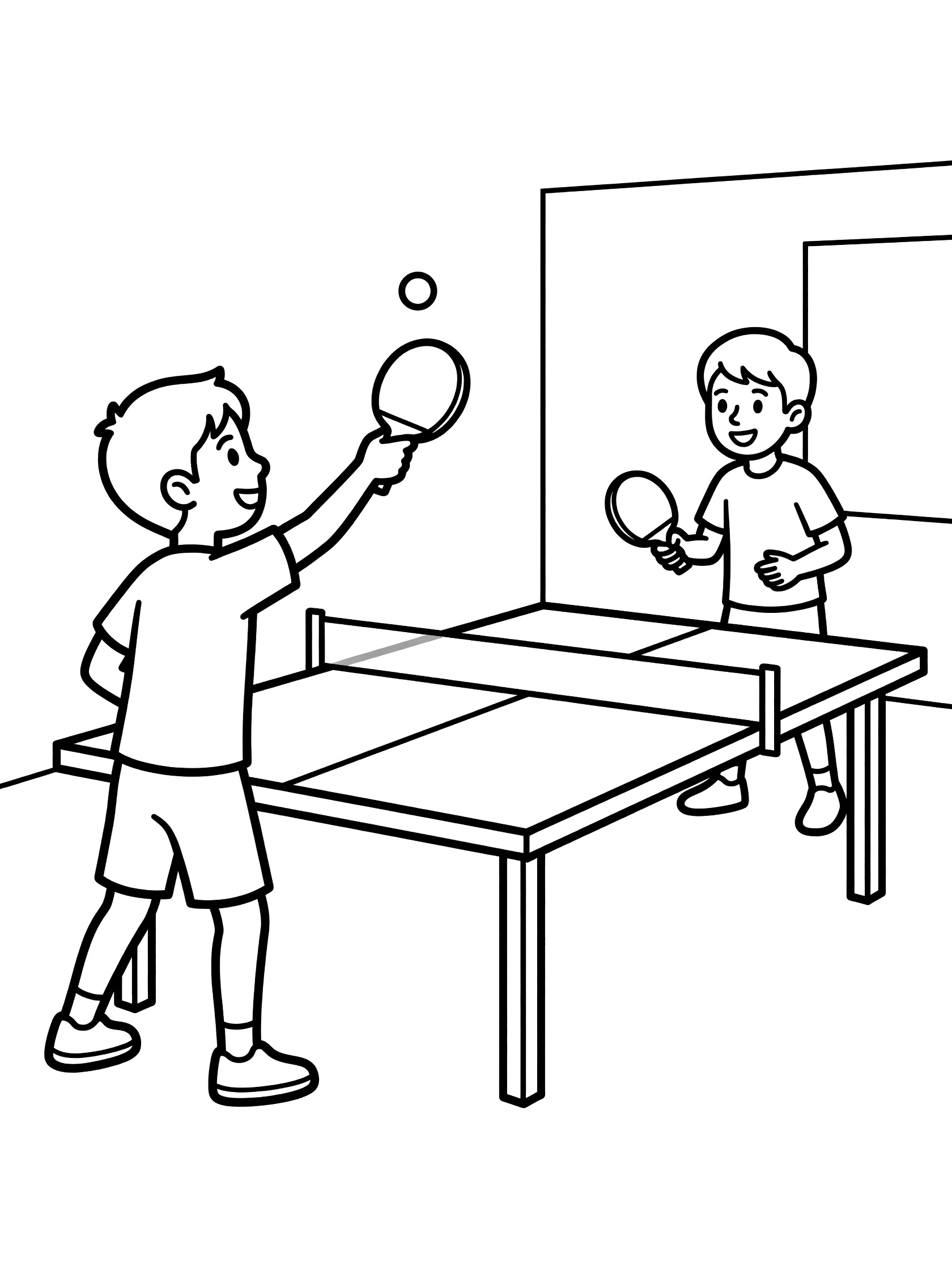 Line art coloring page showing a child tossing ping pong ball for a powerful serve across the table, opponent ready on the other side in a home rec room.