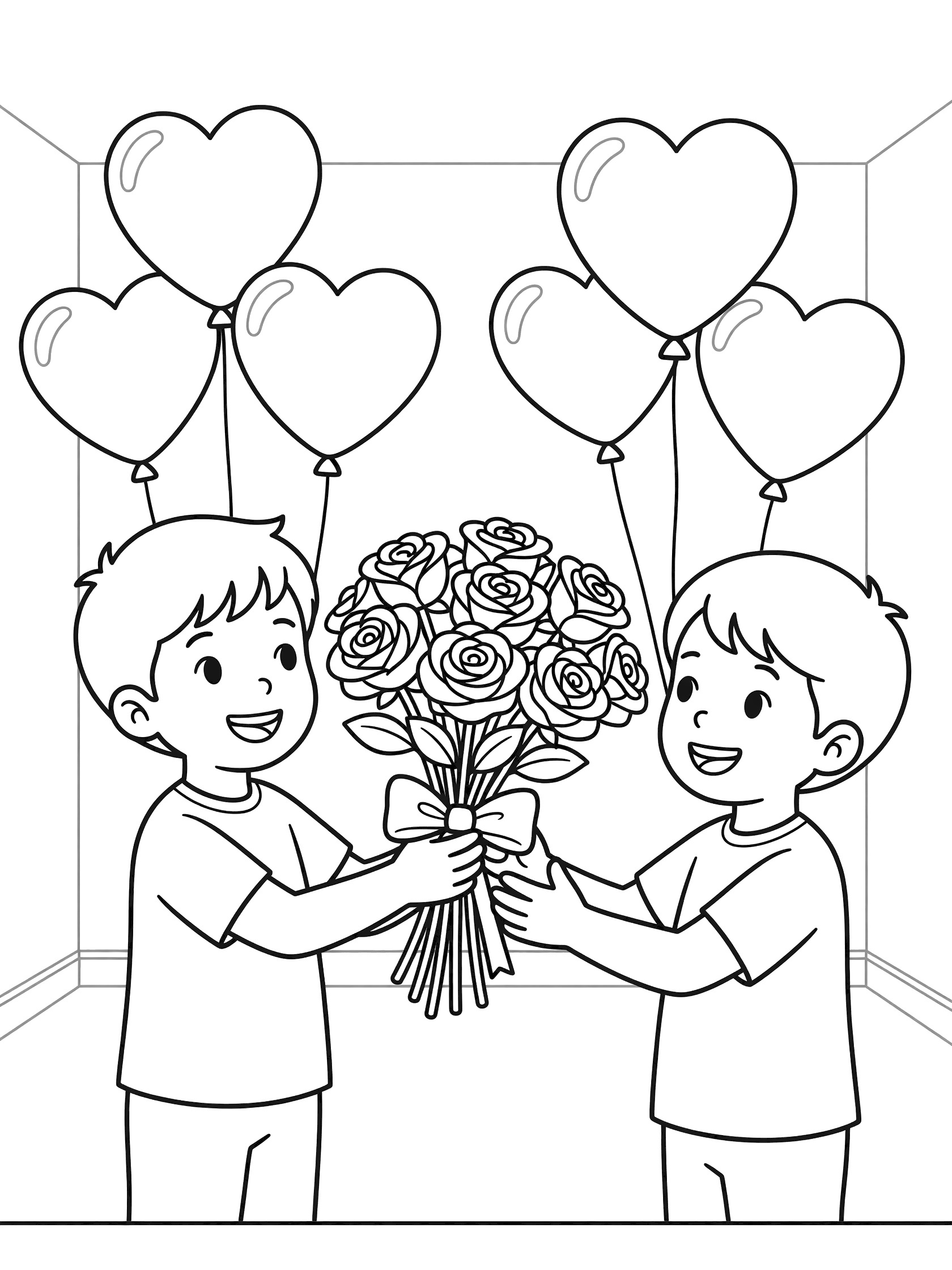 Black and white coloring page showing two smiling boys in t-shirts exchanging a bouquet of roses tied with a ribbon, surrounded by heart balloons at an indoor Valentine's party.