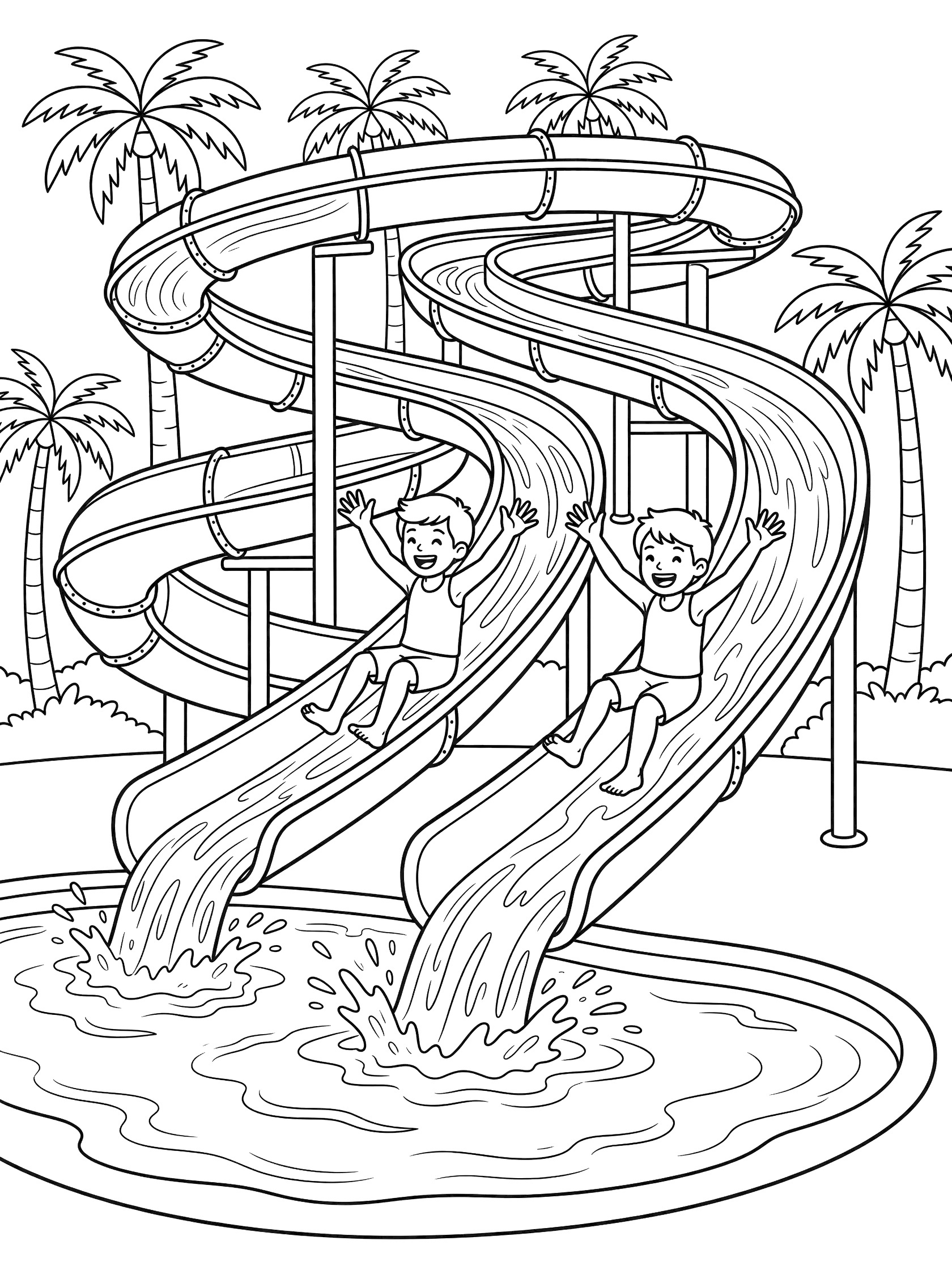 Black-and-white coloring page of two children racing down twisting water park slides with arms raised, surrounded by palm trees and a splash pool below.