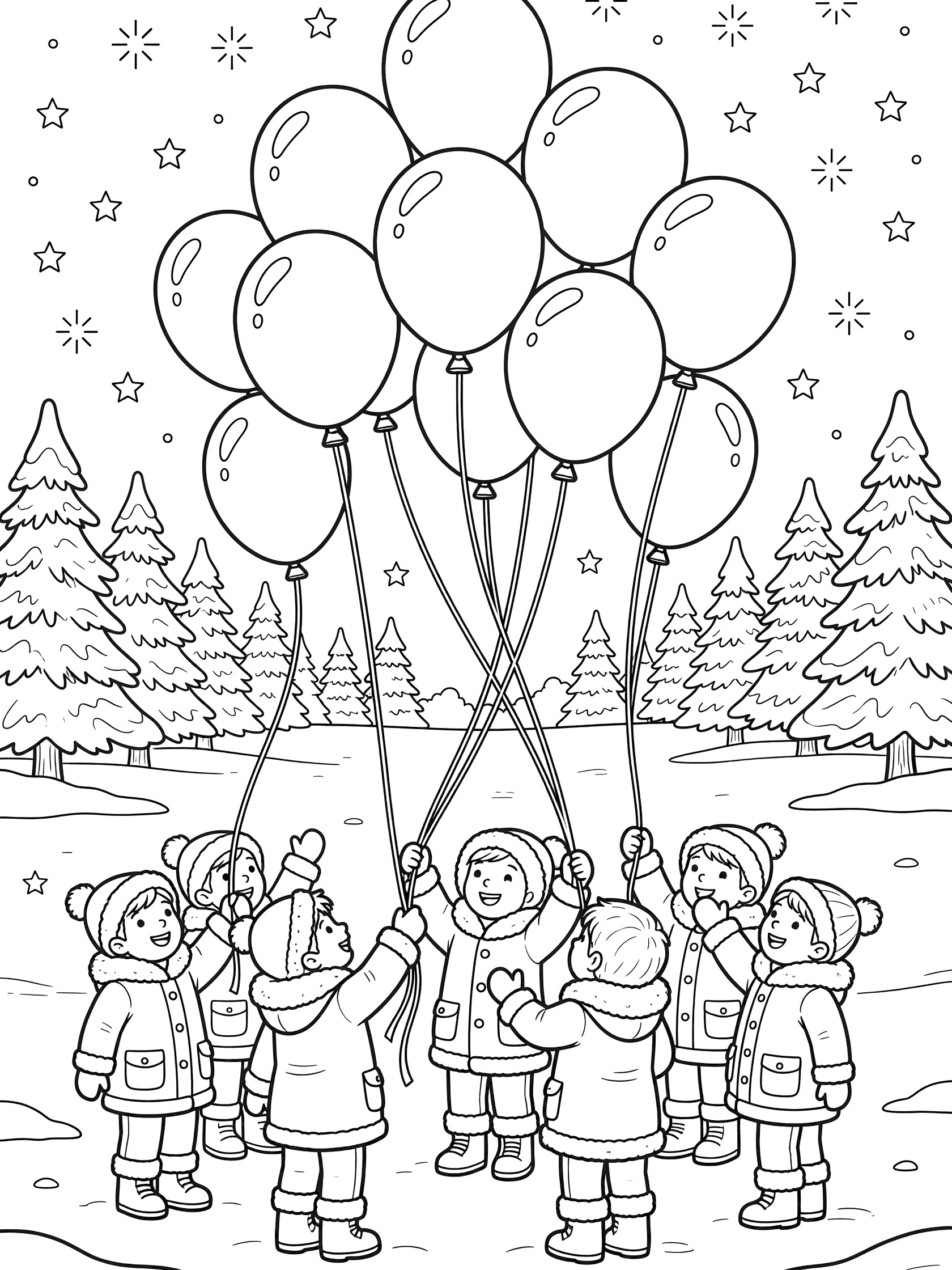 Line art coloring page showing children in coats holding strings of ascending balloons outdoors in snowy park with twinkling stars and pine trees for 2026 New Year.