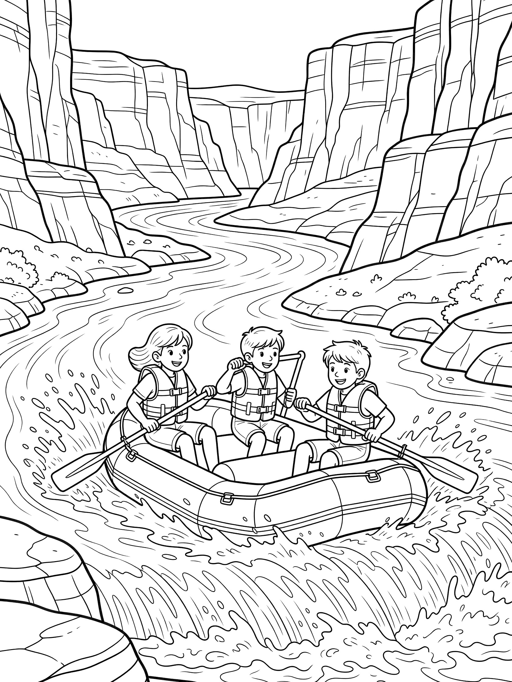 Line art coloring page showing three kids rafting on the Colorado River in Marble Canyon with rapids, oars, life jackets, and steep layered canyon walls.