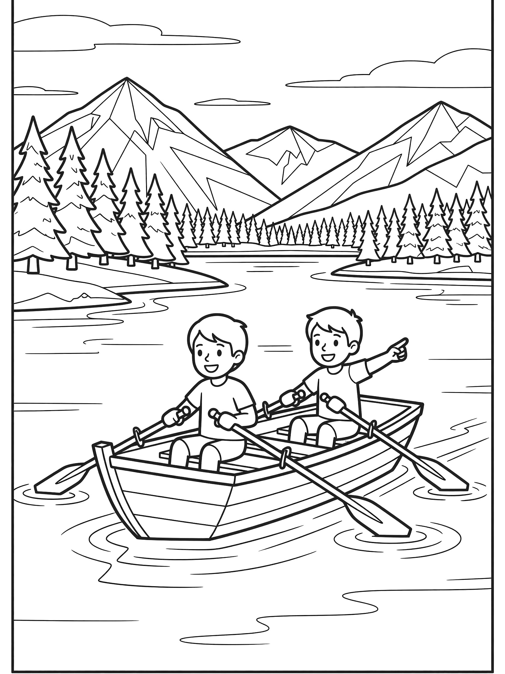 Black and white coloring page of two children rowboating on a lake, one rowing oars in gentle waves, the other pointing to an island, with pine trees, shoreline, and mountains.