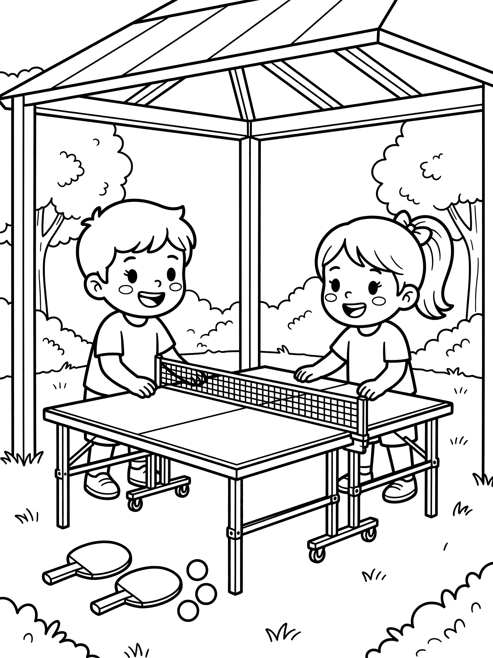Black and white line art of two friends adjusting the legs of a ping pong table under a pavilion, with net stretched across, paddles and balls on the grass nearby.