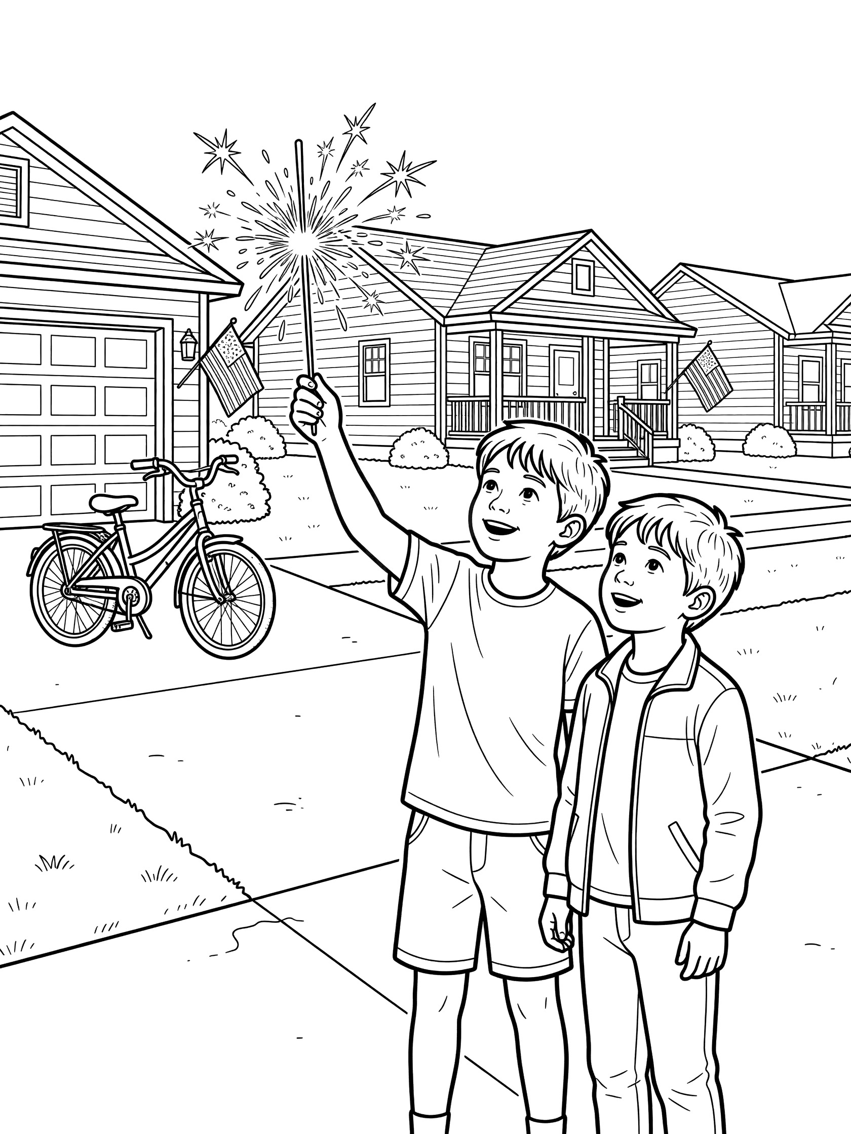 Black and white line art coloring page showing two boys in a driveway, one holding up a sparkler while the other watches the sparks, with houses, flags, and a bike nearby.