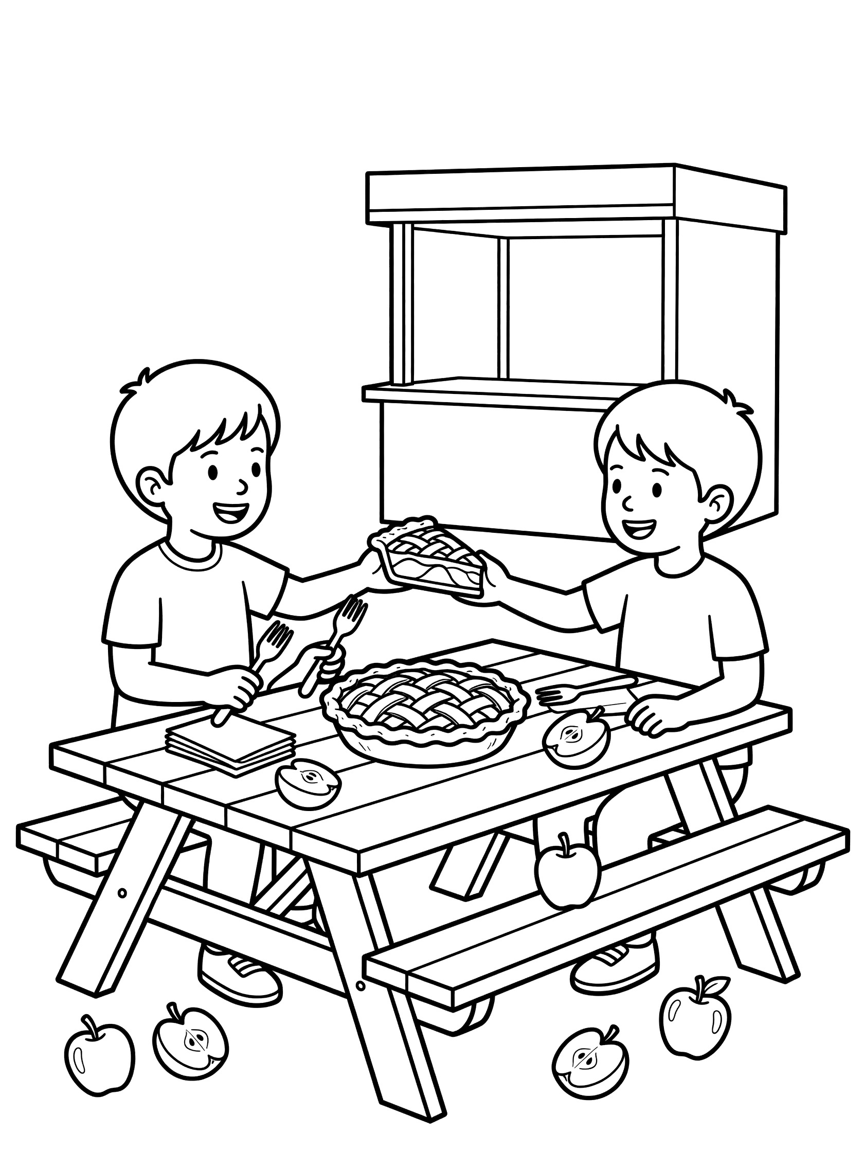 Two happy kids sharing warm apple pie slices at an outdoor picnic table coloring page, with whole pie, forks, napkins, and apples