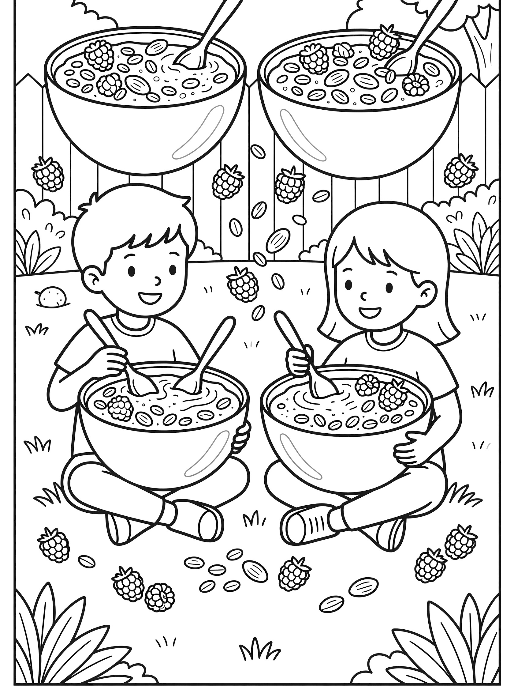 Two happy children sitting on grass in garden sharing large smoothie bowls with spoons, topped with granola nuts and fresh raspberries, fruits falling playfully, line art coloring page