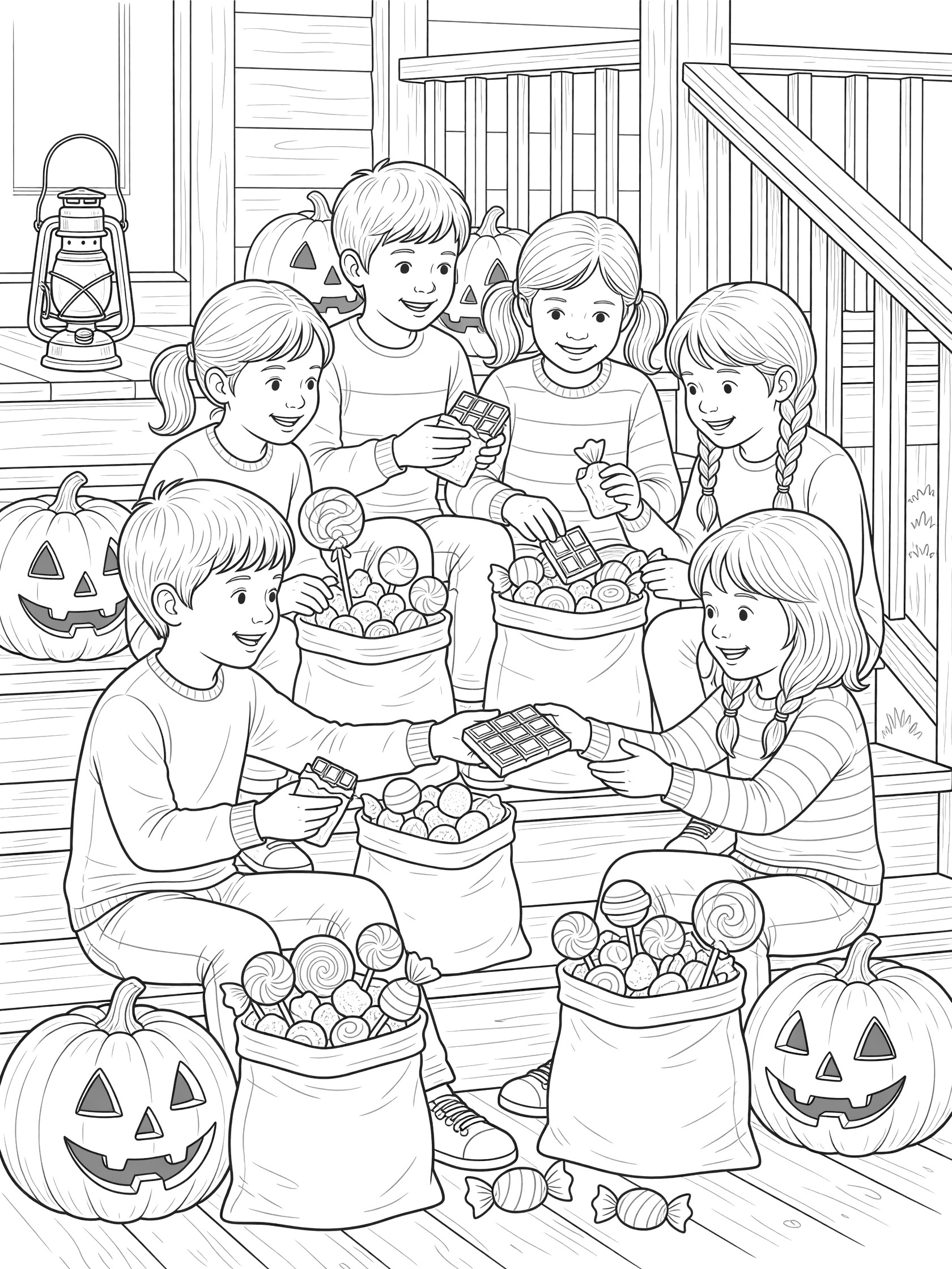 Group of happy children on porch steps sharing trick-or-treating candies, offering chocolate bars, with carved pumpkins and lantern in clean line art.