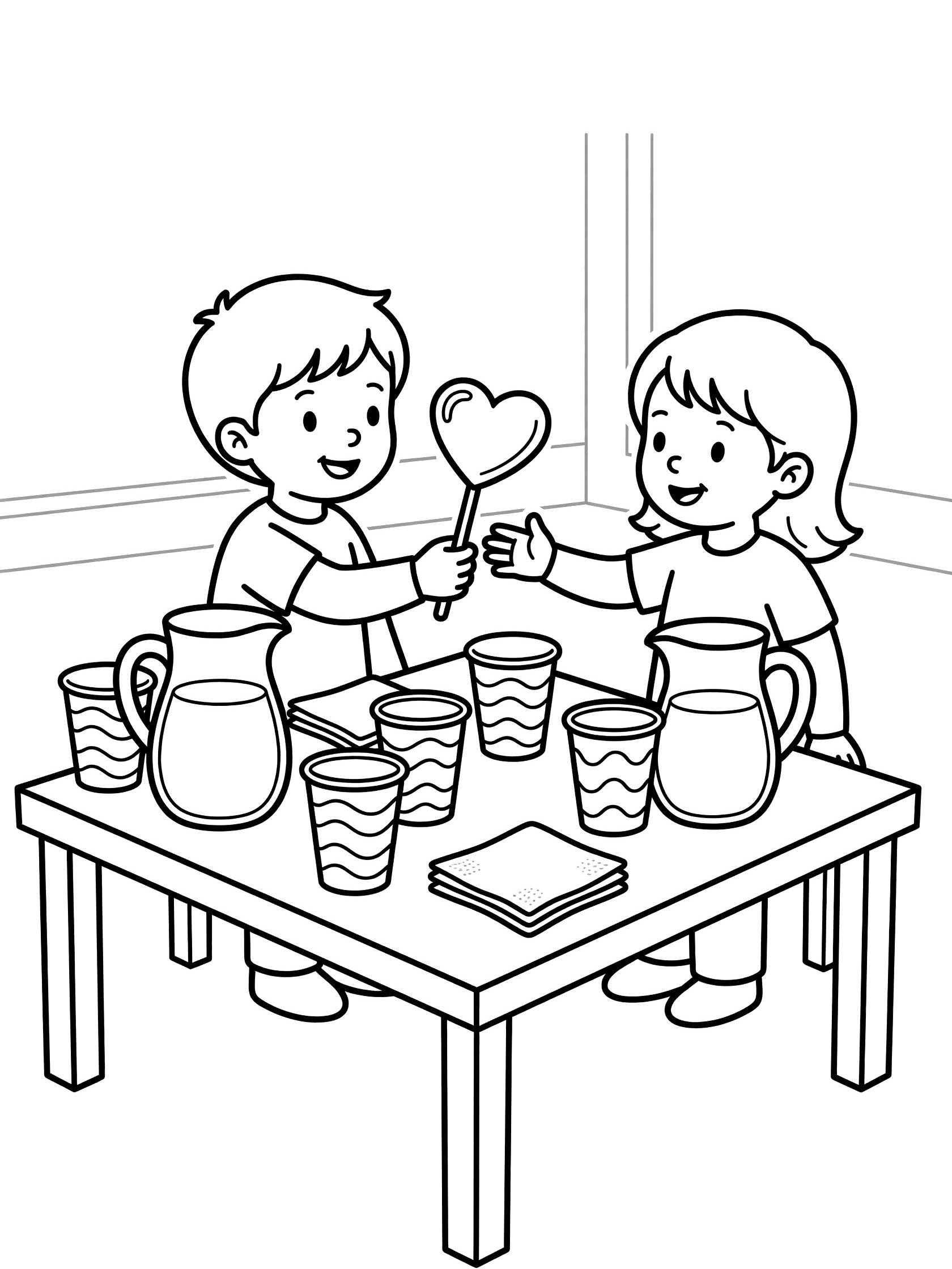 Black-and-white coloring page showing a boy offering a heart lollipop to a girl at a table with drinks, cups, pitchers, and napkins for birthday snacks.