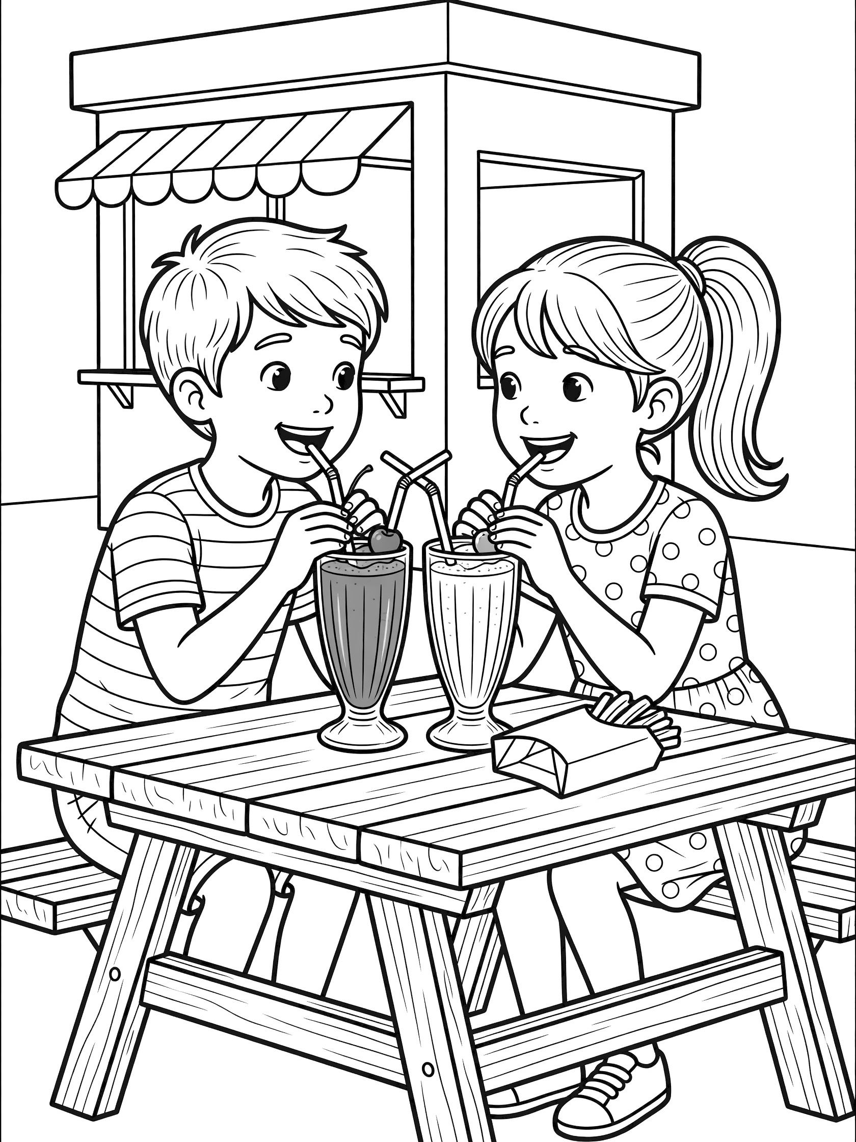 Two happy kids leaning in to share two tall milkshakes with double straws at an outdoor picnic table next to a fast food stand, empty fry container on table, line art coloring page