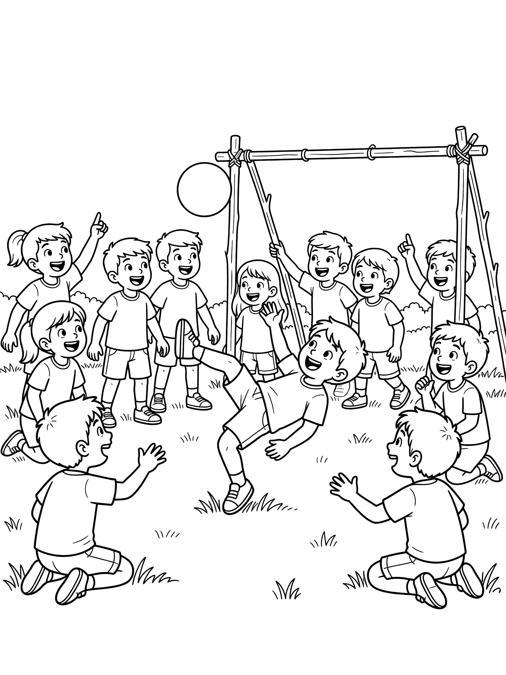 Black and white coloring page of kids in a park pickup soccer game, one child flips for a bicycle kick while friends cheer on the grass near a simple stick goal.