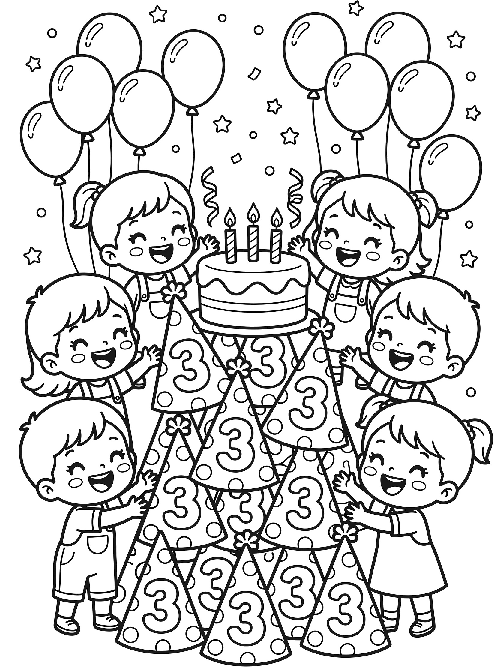 Kawaii line art coloring page showing kindergarten kids in party hats decorated with 3s, stacking them high next to a round cake with three candles, streamers, balloons, and confetti for 3rd birthday fun.