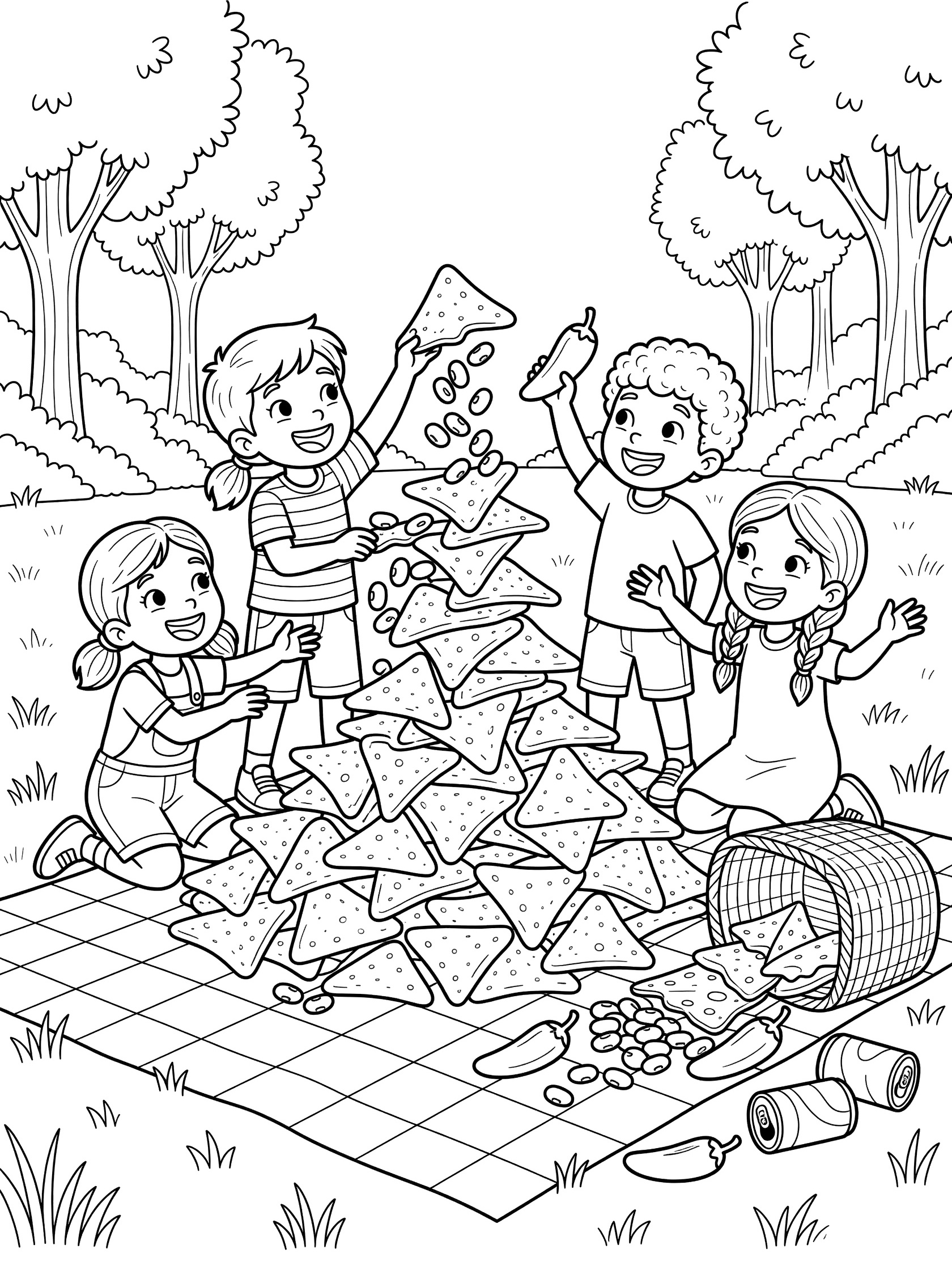 Coloring page showing four excited kids building a tall pile of tortilla chips and adding jalapeΓ±os on a picnic blanket with basket, cans and park trees in the background.