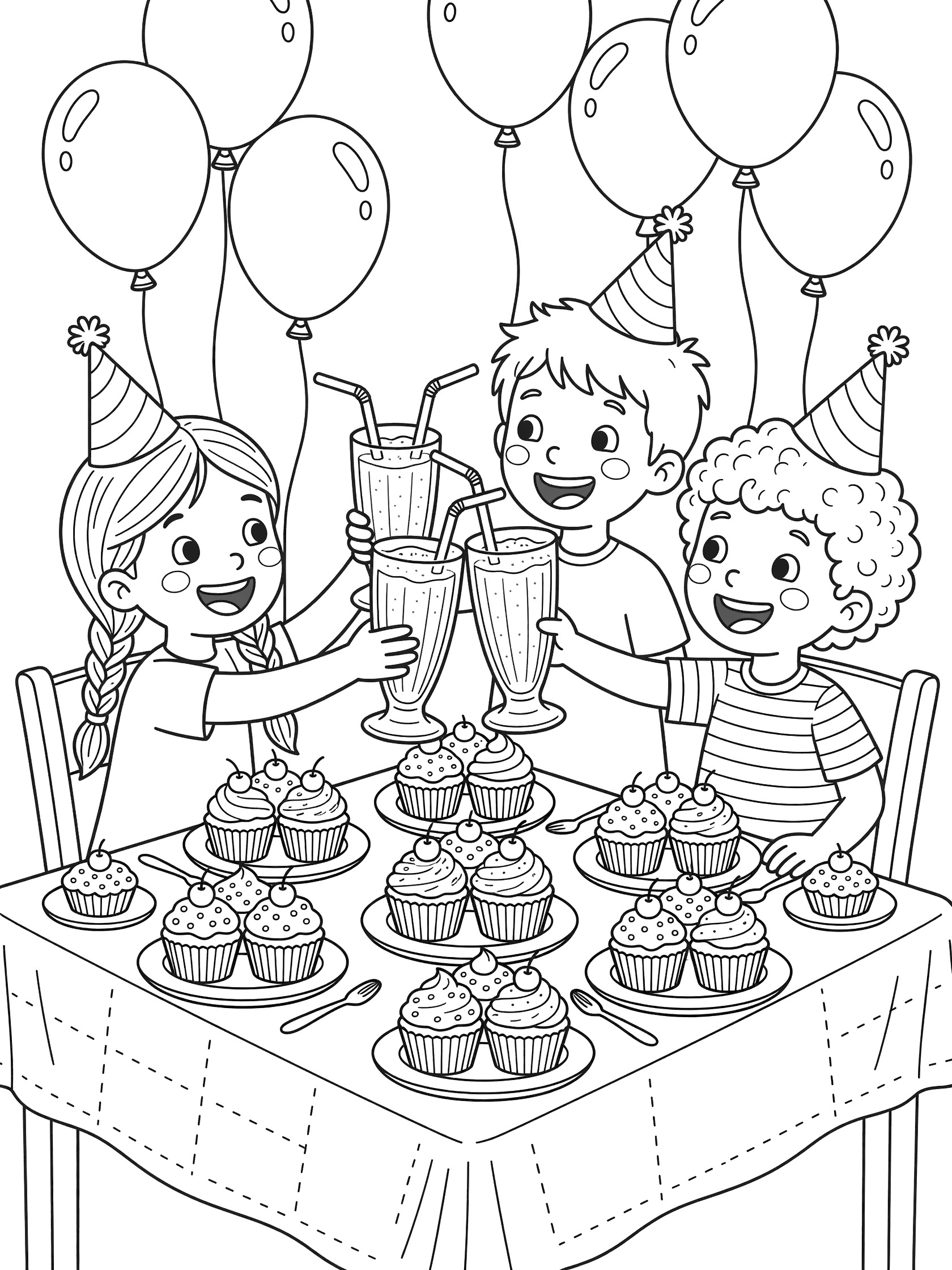 Three children in party hats toasting tall milkshakes with straws at a table full of cupcakes, surrounded by floating balloons, line art coloring page