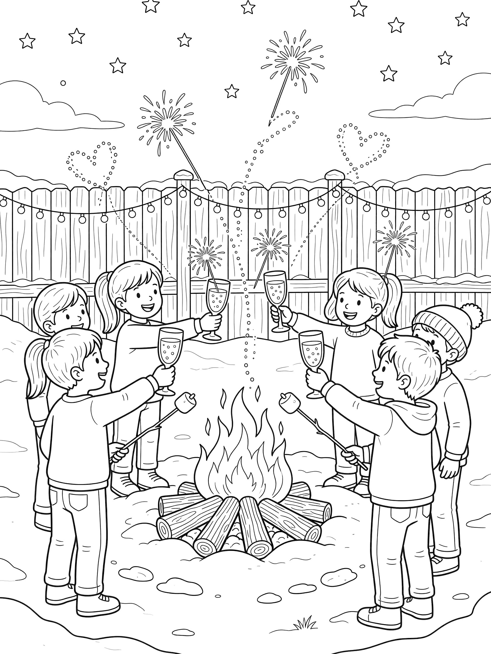 Black and white coloring page showing kids in a snowy backyard raising sparkling juice glasses in a 2024 New Year toast, waving heart and star sparklers near a bonfire with marshmallows, string lights on fence, fireworks and stars above.