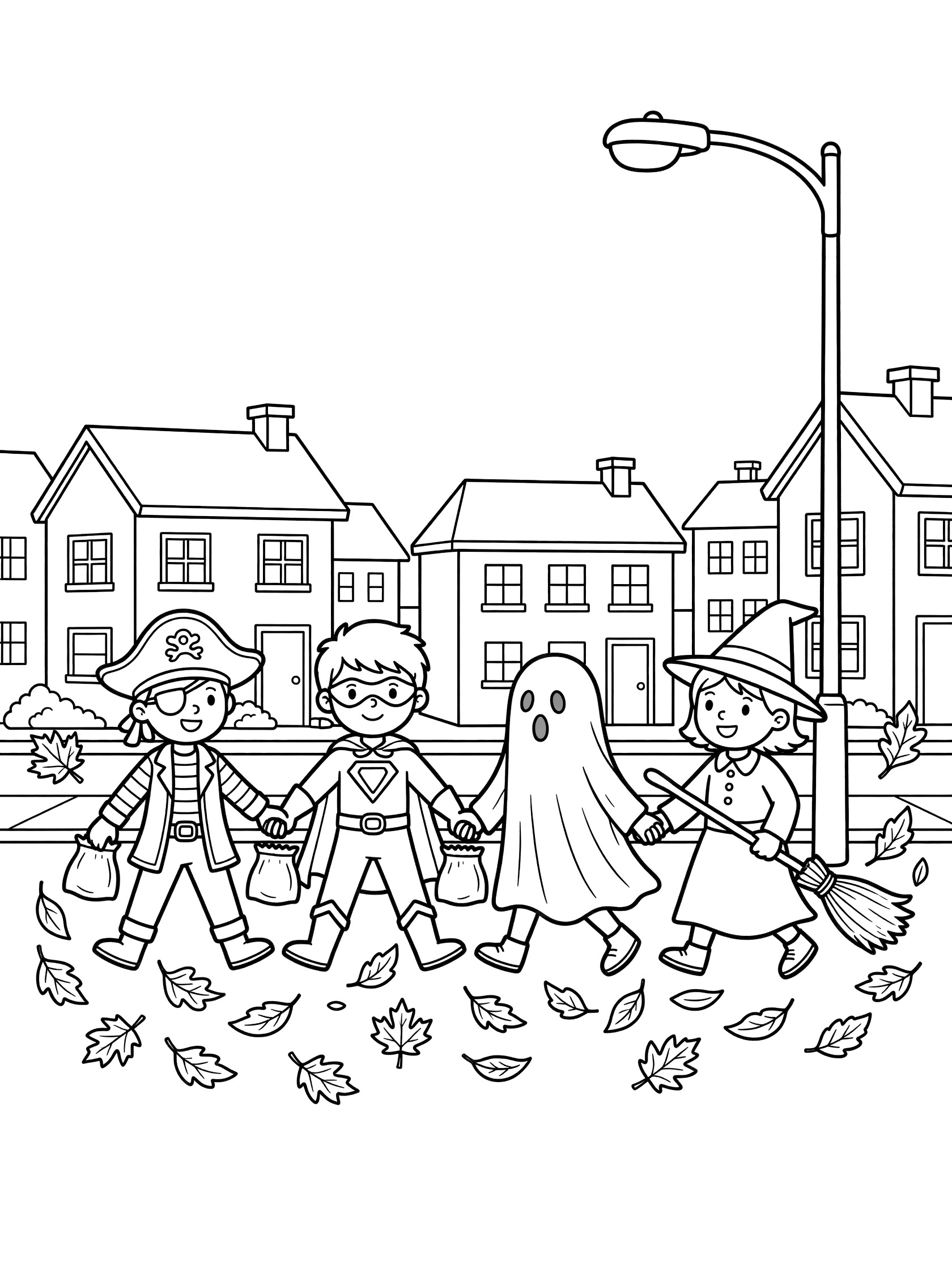 Trick-or-treating coloring page showing four children in pirate, superhero, ghost and witch costumes holding hands and candy bags while crossing street under streetlamp with fall leaves.