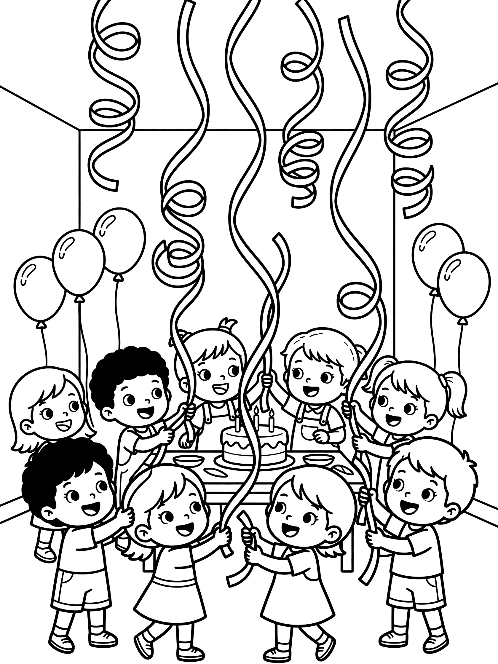Cute cartoon kids holding and twisting long streamers from the ceiling at a birthday party, with floating balloons and a cake on the table coloring page