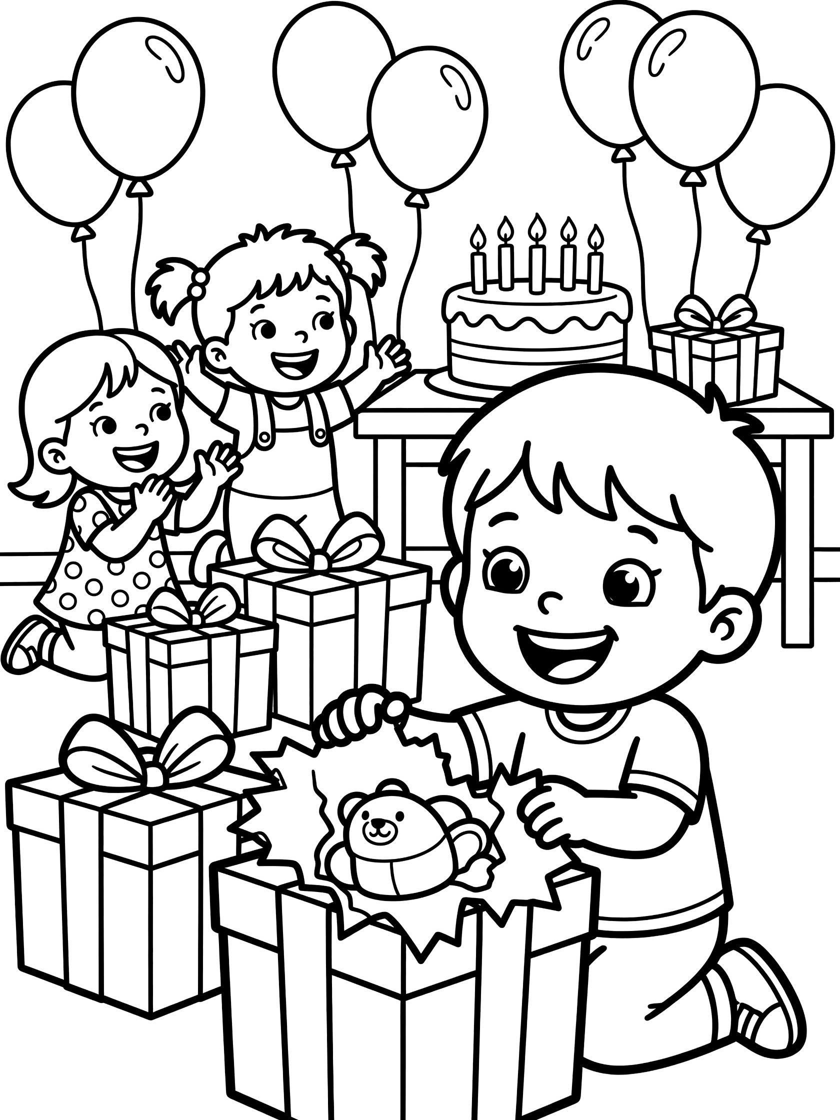 Cute cartoon kids excitedly unwrapping a big birthday present with a toy inside, friends clapping, stacked presents, cake with candles and balloons in a party room - coloring page