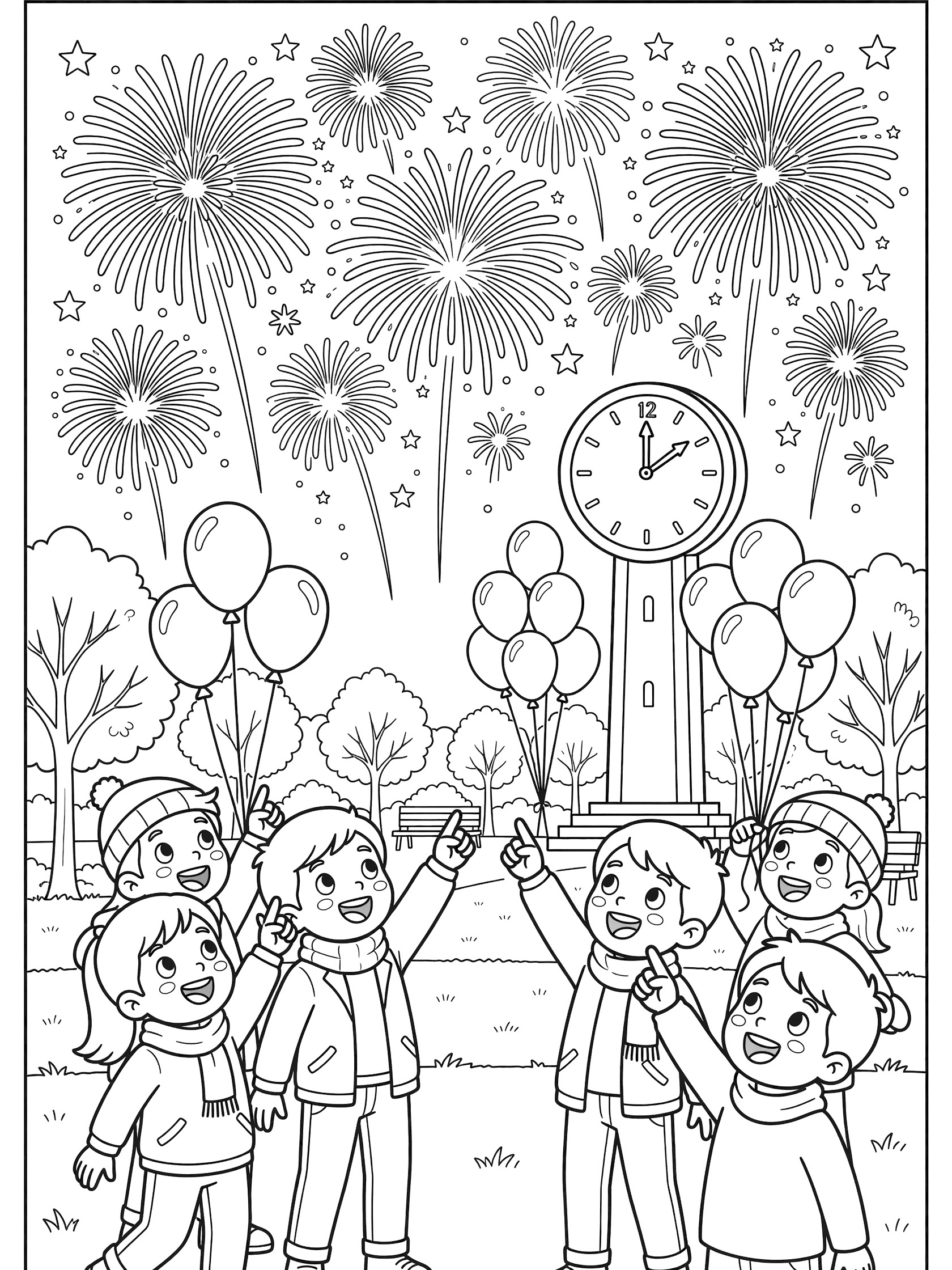 Cute cartoon line art coloring page showing a group of children in winter clothes excitedly watching colorful fireworks explode over a park with balloons and a large clock at midnight for New Year's celebration.