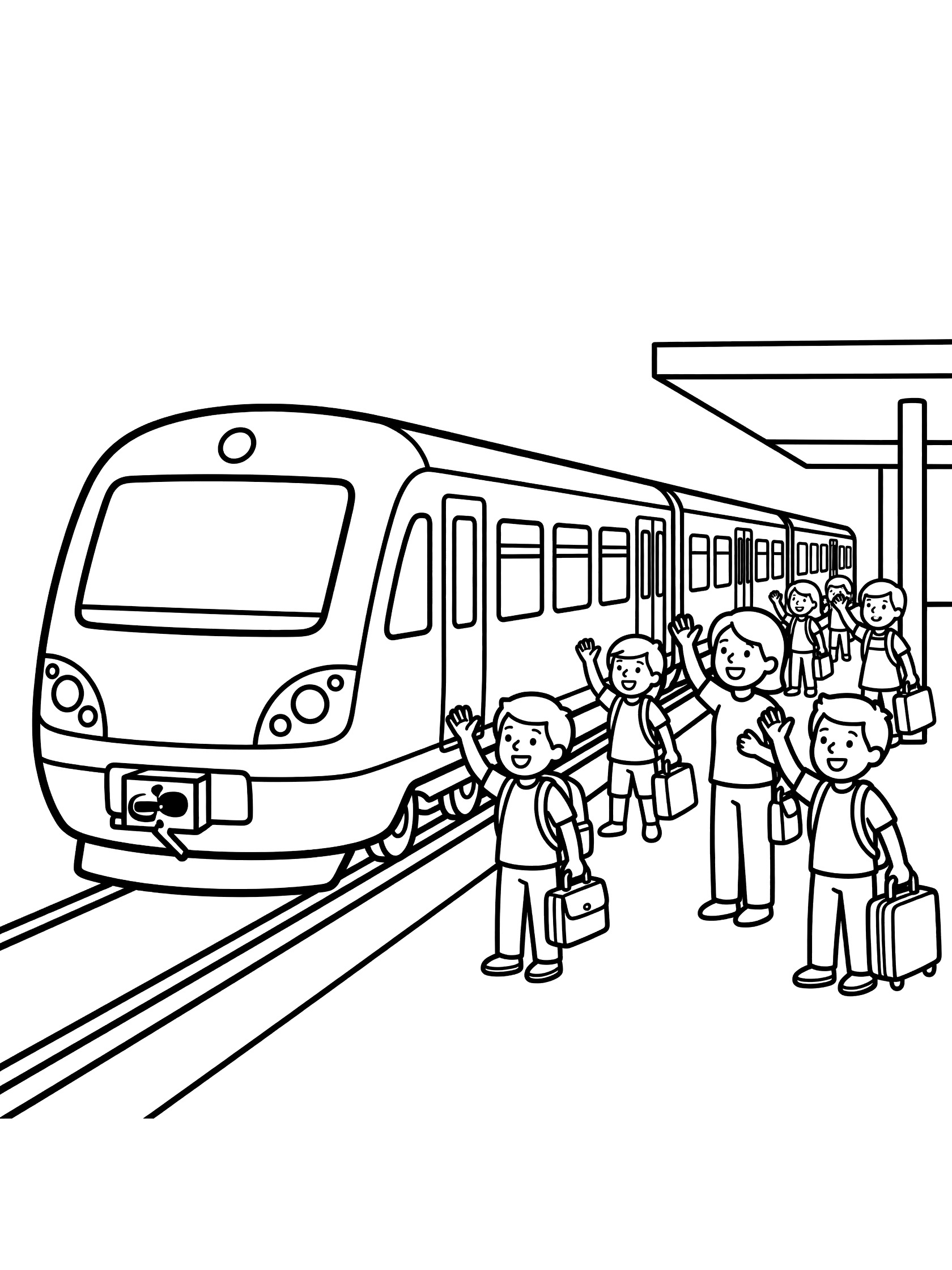 Black and white line art coloring page showing a train pulling into a platform with kids and adults waving and holding bags. Commuter Trains themed black and white printable line art