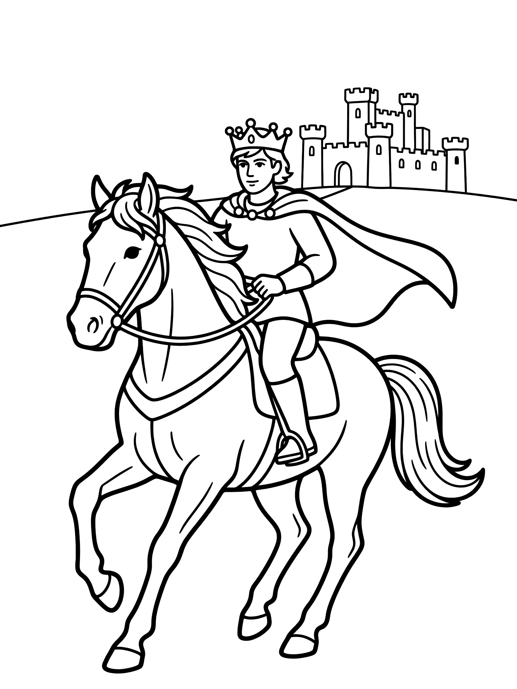 Line art coloring page showing a crowned king in a cape riding a galloping horse with flowing mane toward a distant castle on a hill. Prince themed black and white printable line art