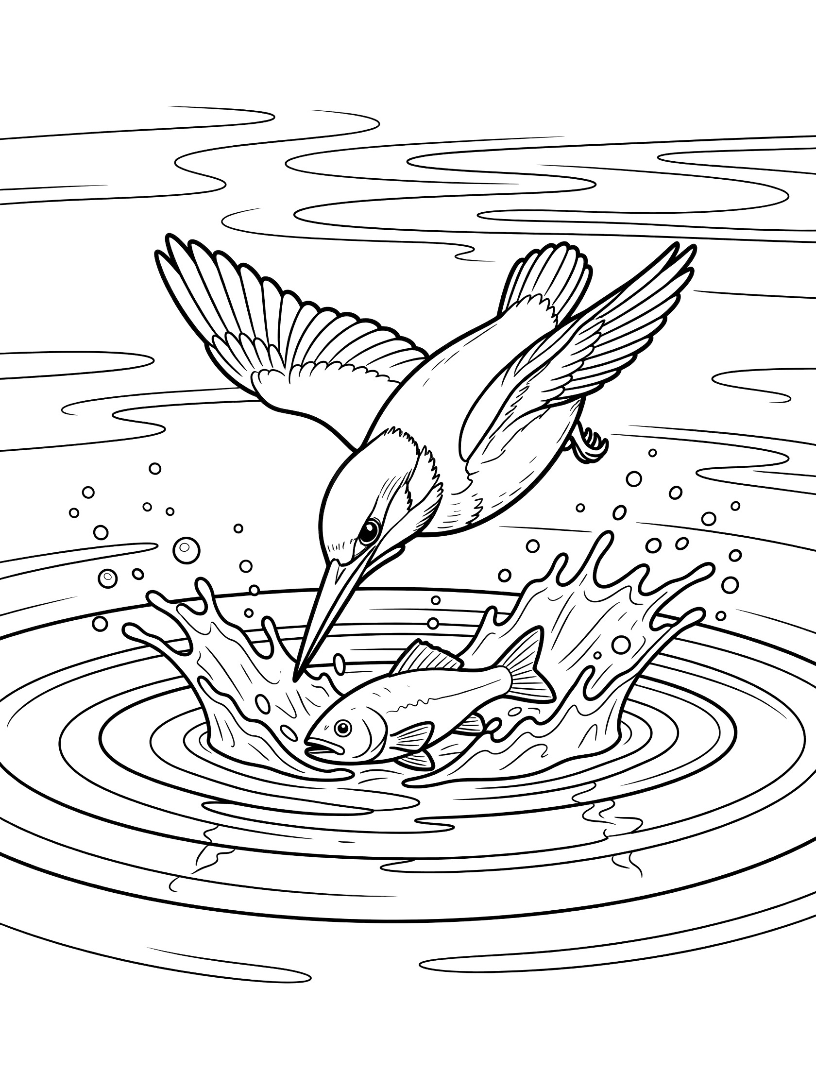 Black and white line art coloring page showing a kingfisher bird with wings spread diving beak-first into rippling water toward a small fish, surrounded by splashes and bubbles.