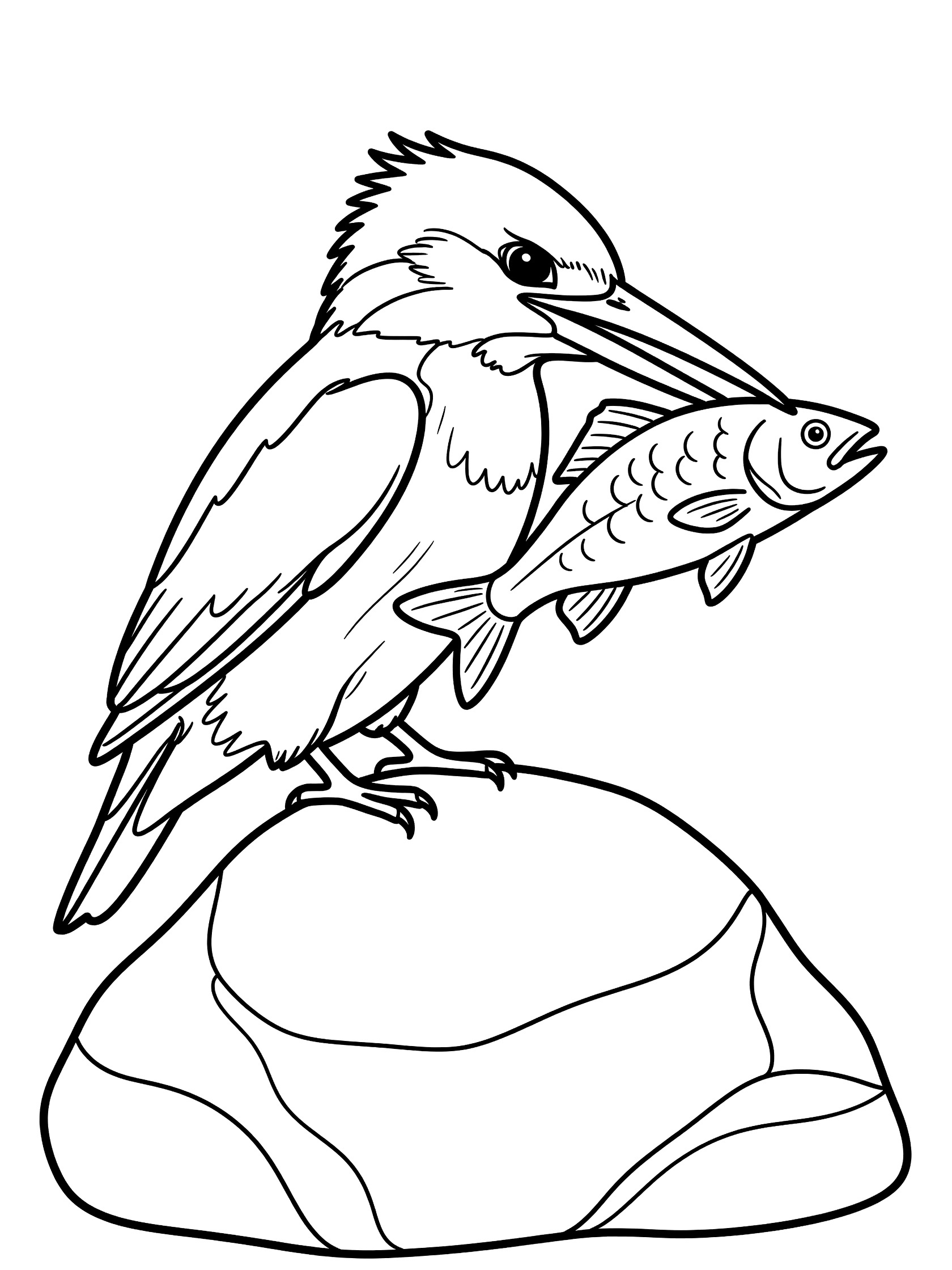 Black and white line art coloring page showing a kingfisher bird with crest and long beak holding a fish, perched on a rock.