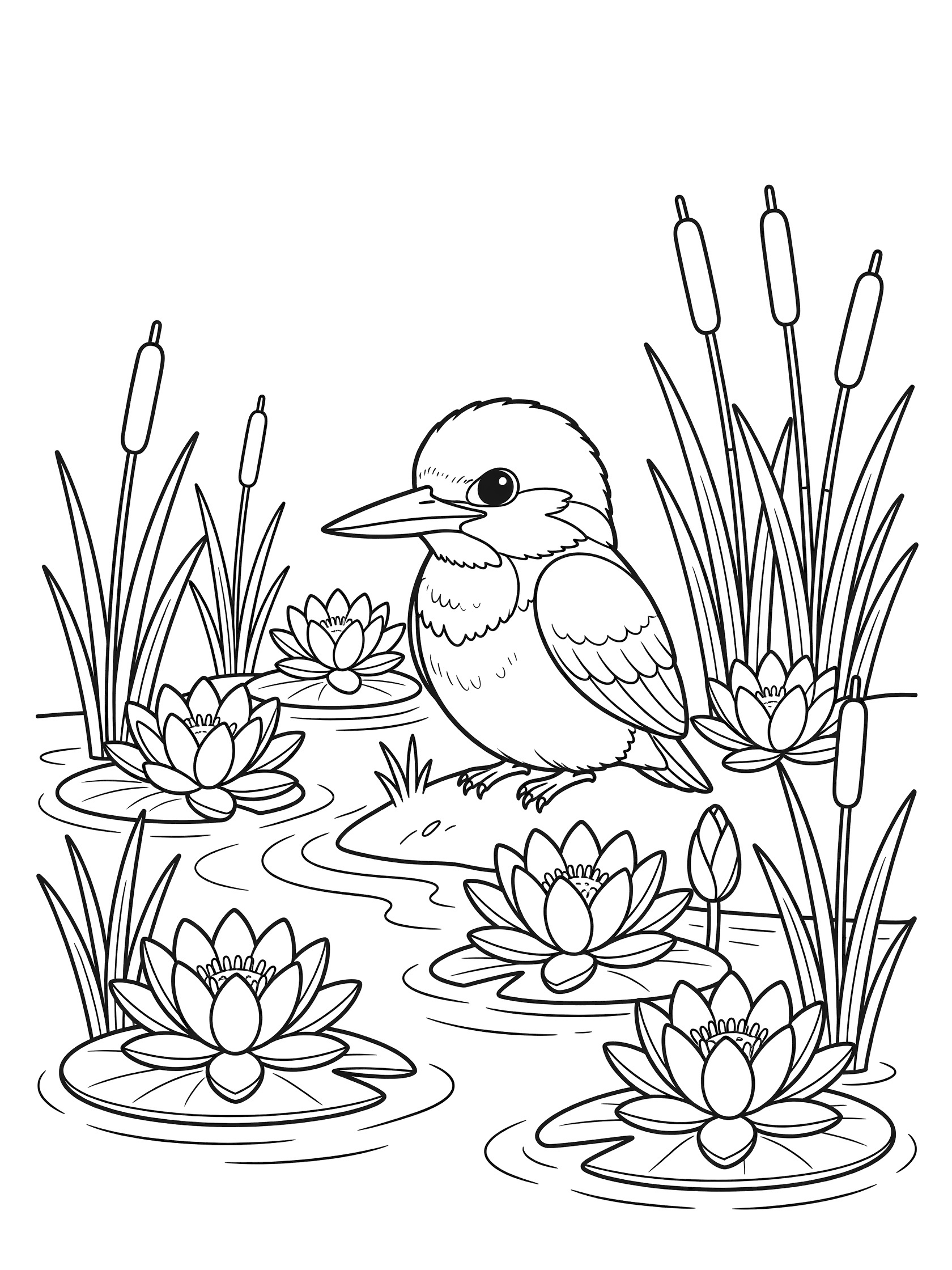 Black and white line art coloring page of a kingfisher bird perched on a rock in a pond surrounded by blooming water lilies and tall reeds
