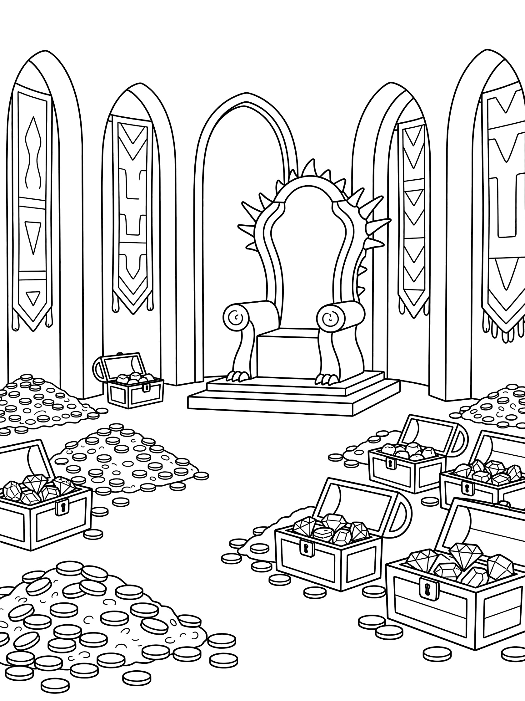 Black and white line art coloring page of a grand throne room with tall arched doorways, hanging wall tapestries, large ornate throne, open treasure chests, piles of coins and jewels on the floor. Dragon Castle themed black and white printable line art