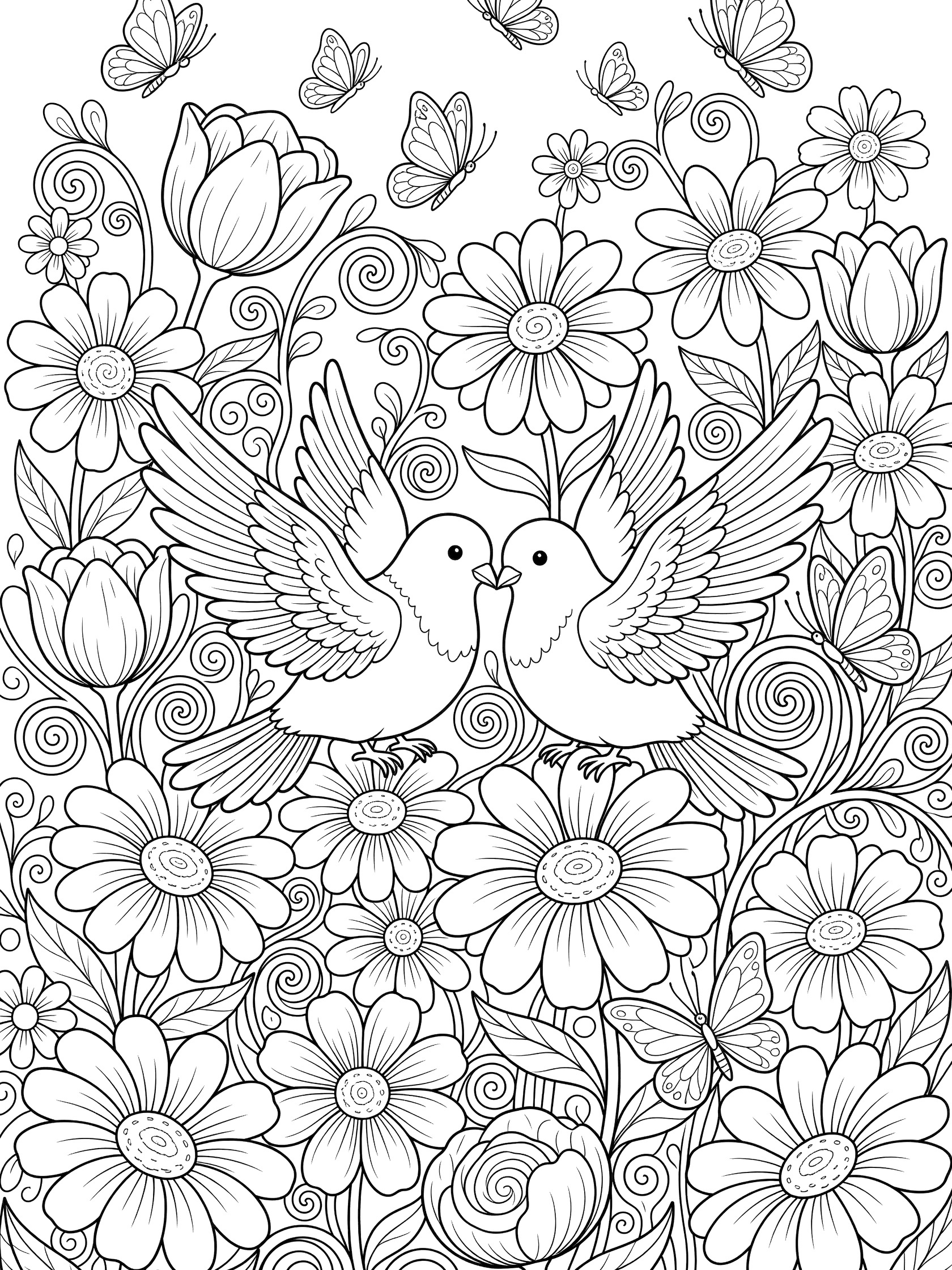 Black and white line art coloring page showing two birds facing each other with beaks touching, wings spread, amid large flowers, swirling vines and butterflies.