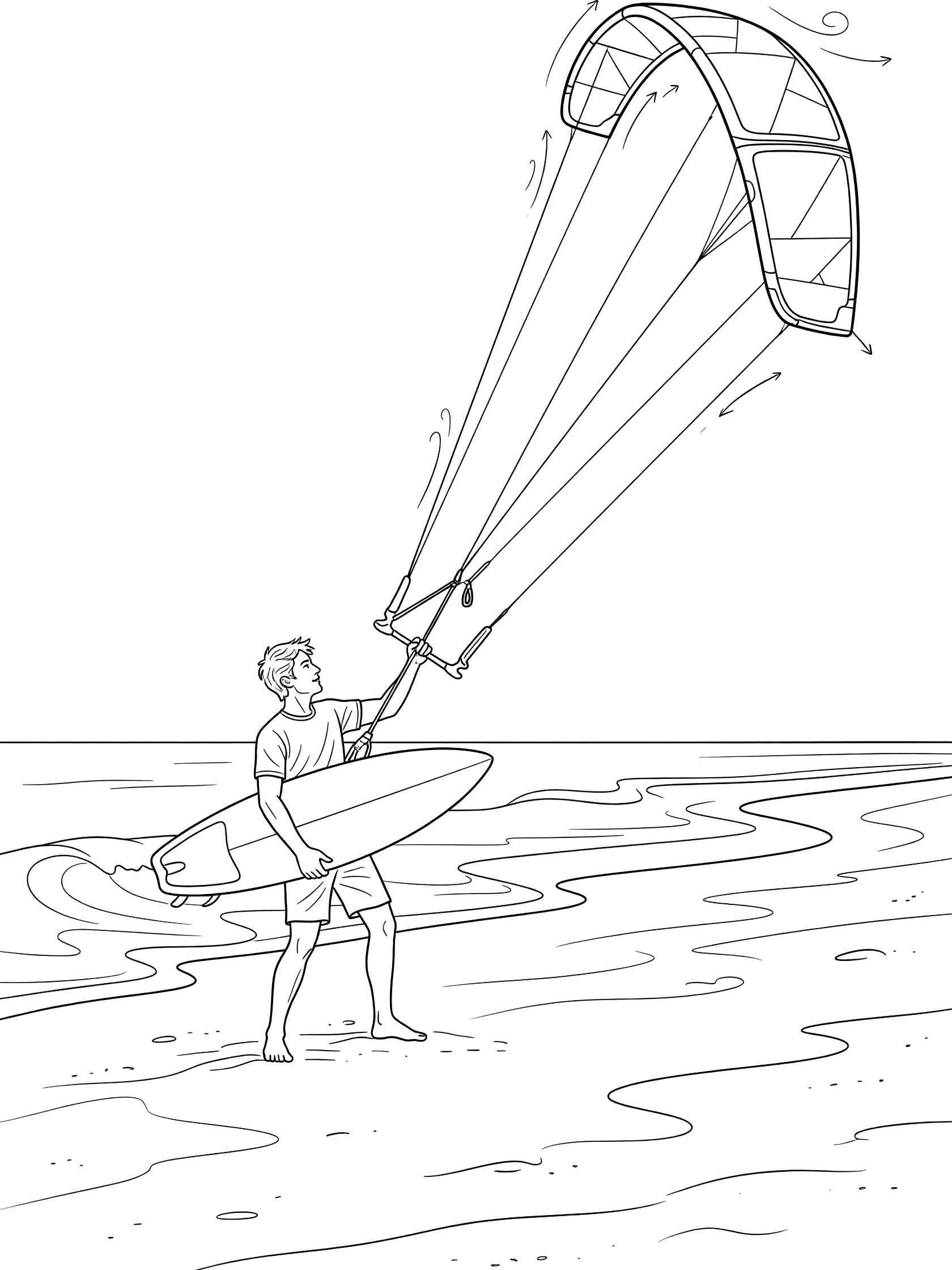 Kitesurfing line art showing a surfer holding a board and launching a kite with lines into the wind on a beach with gentle waves.