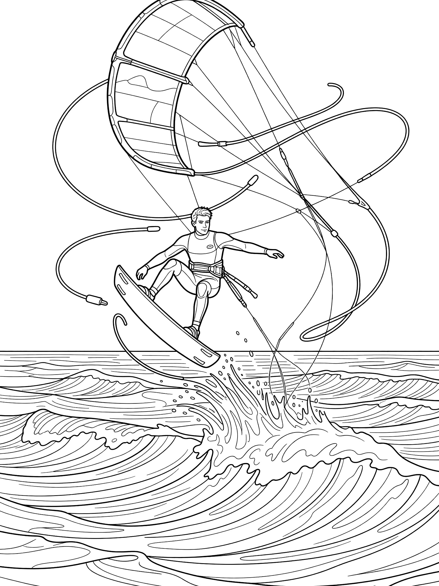 Kitesurfing coloring page showing kitesurfer grabbing board edge mid-air with twisting kite and whipping lines above ocean swells