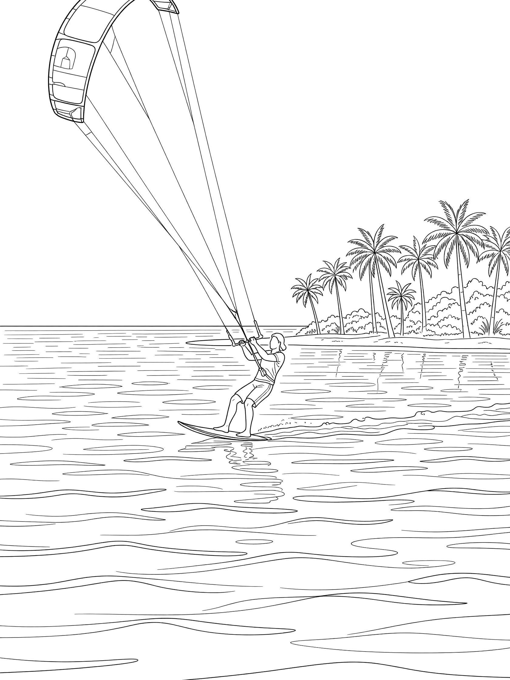Line art coloring page of kitesurfer gliding smoothly across calm tropical lagoon on a board, large kite in the sky, palm trees on shore, clean black and white design